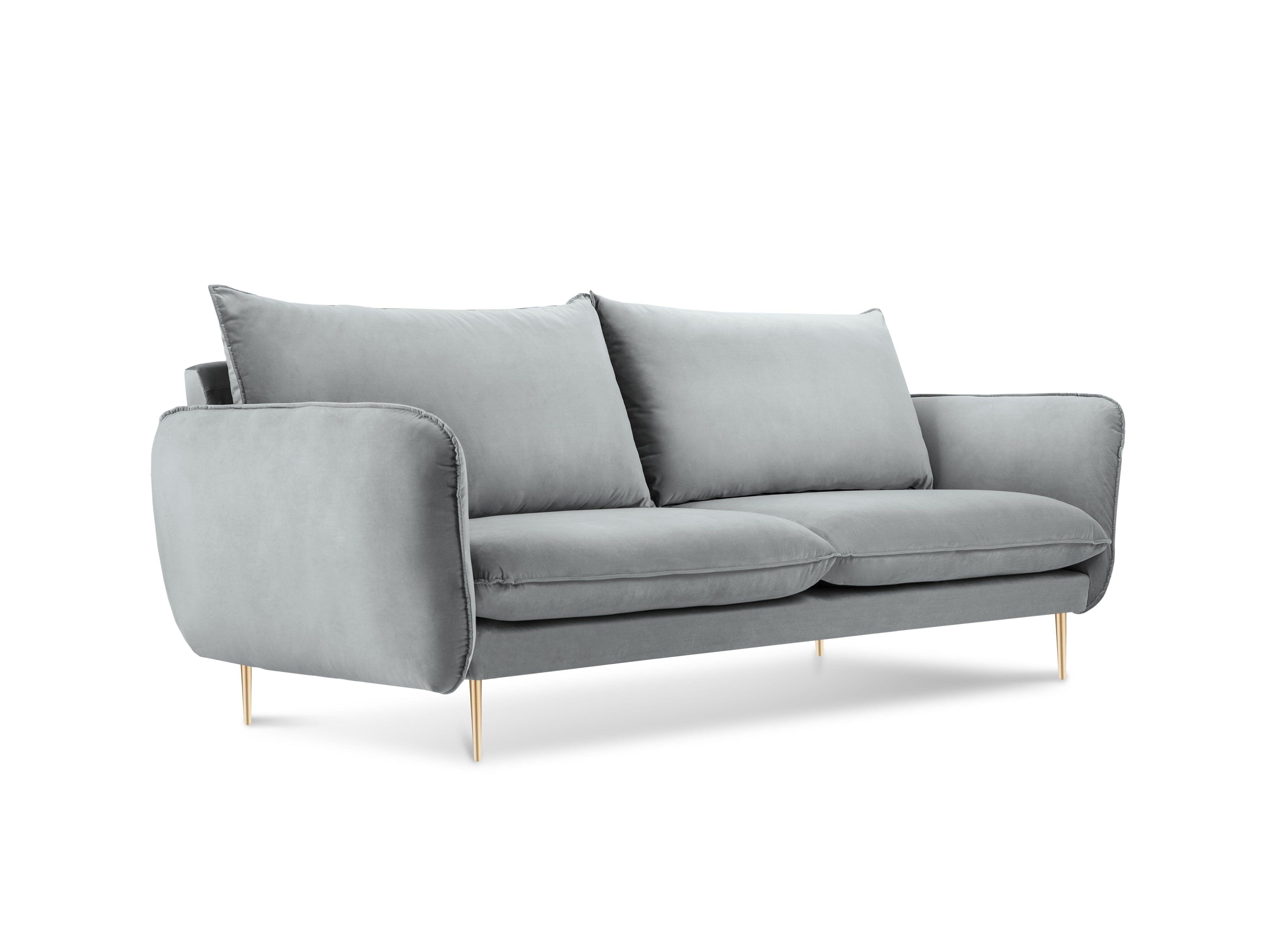 Sofa aksamitna 2-osobowa VIENNA jasnoszary ze złotą podstawą Cosmopolitan Design    Eye on Design