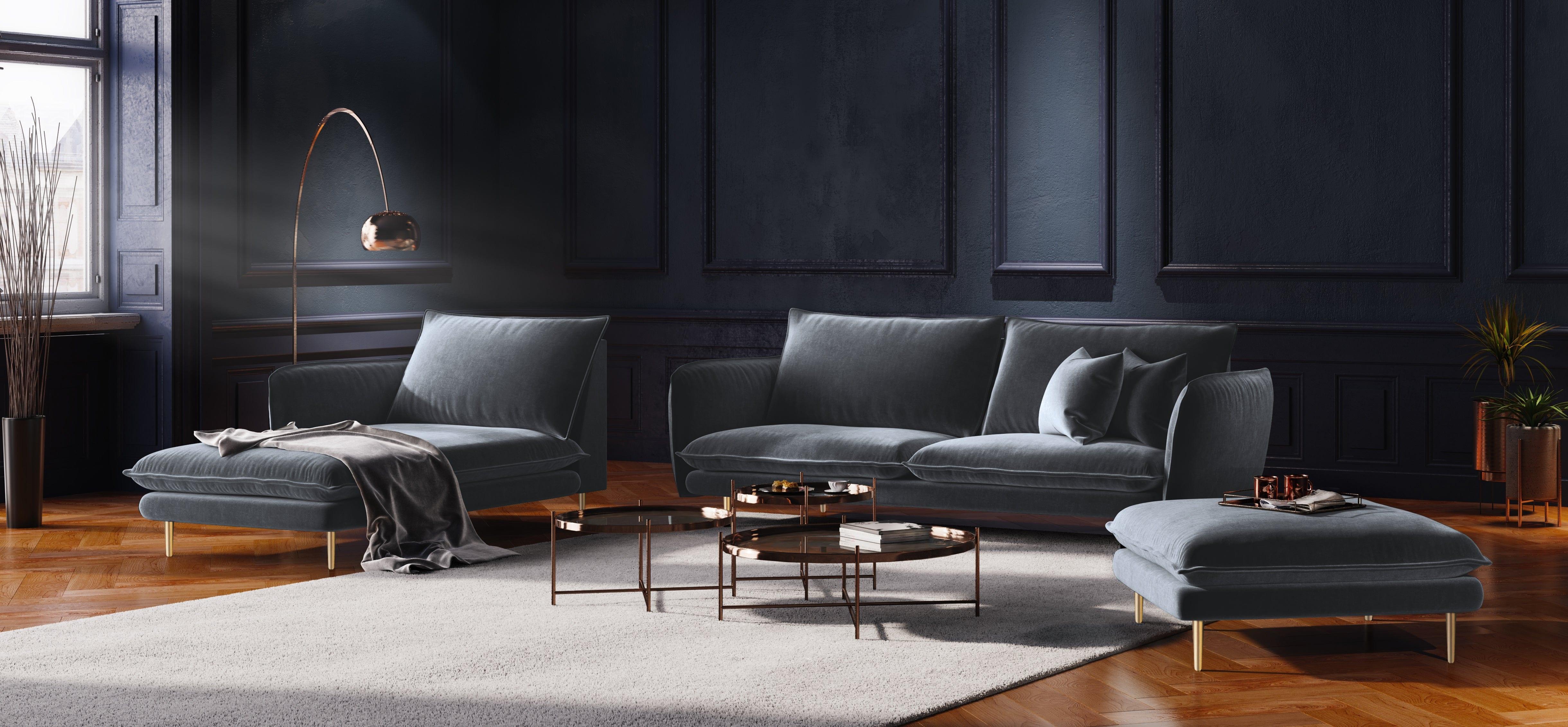 Sofa aksamitna 2-osobowa VIENNA szary ze złotą podstawą, Cosmopolitan Design, Eye on Design