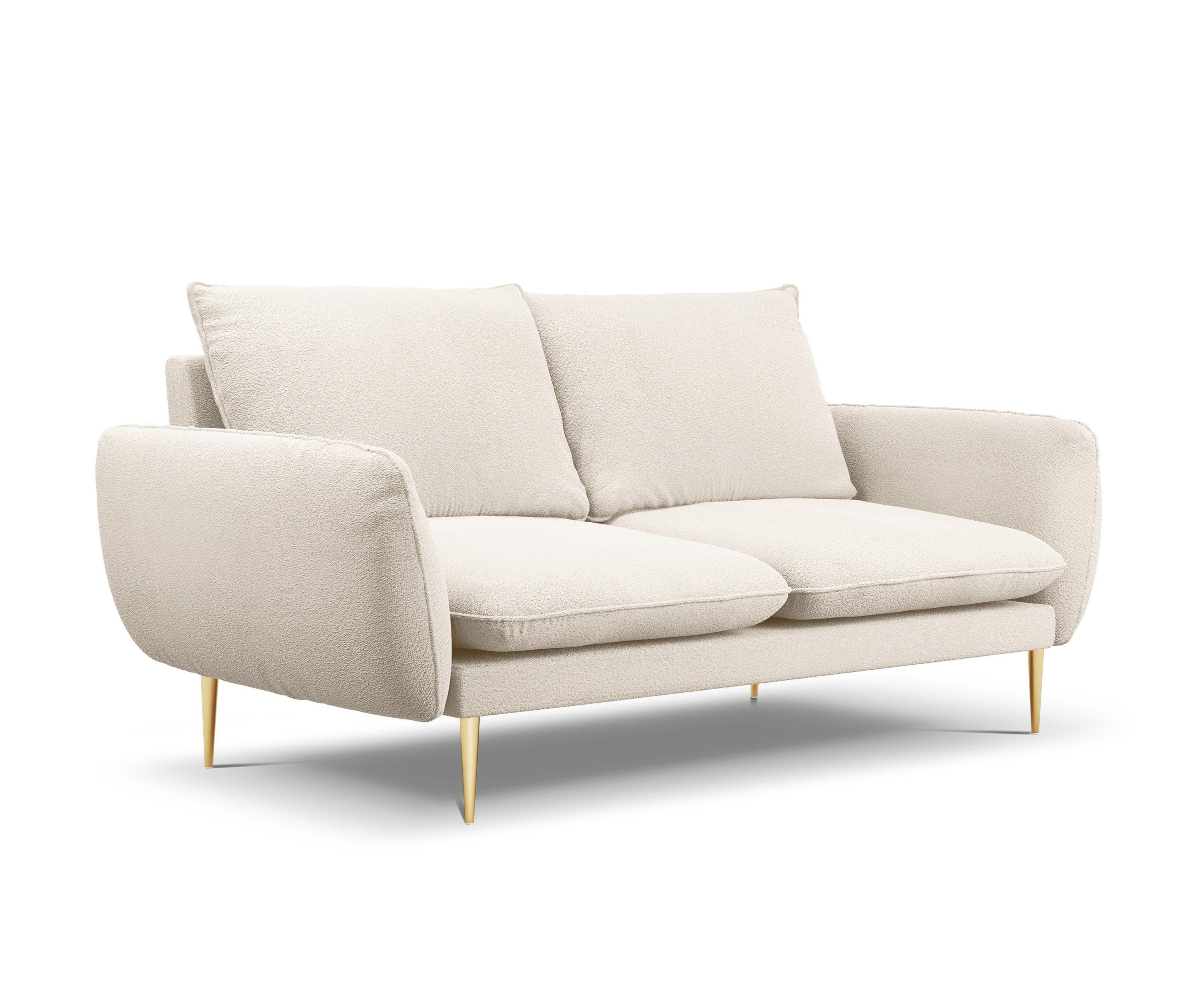 Sofa w tkaninie boucle 2-osobowa VIENNA beżowy ze złotą podstawą Cosmopolitan Design    Eye on Design