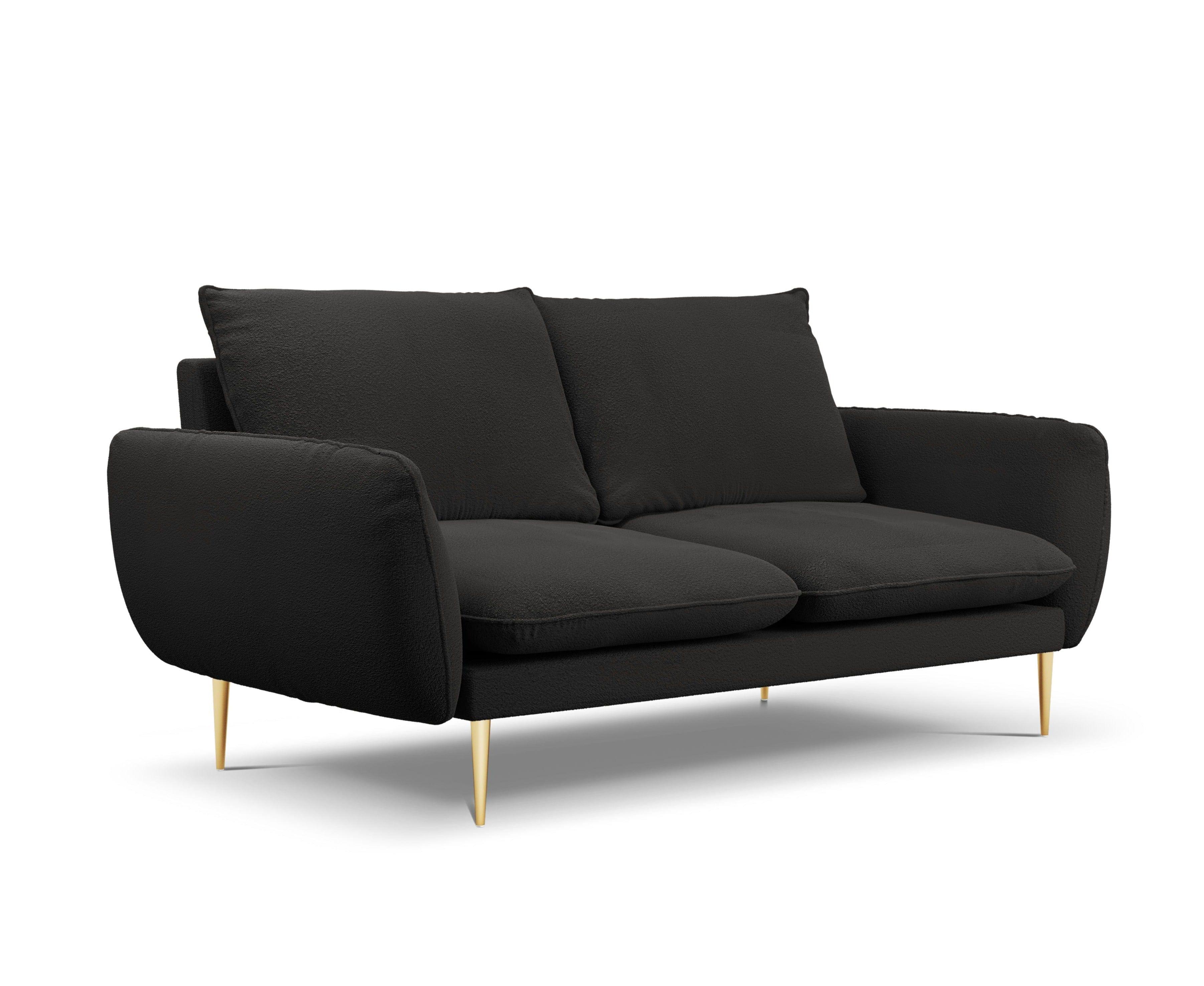 Sofa w tkaninie boucle 2-osobowa VIENNA czarny ze złotą podstawą, Cosmopolitan Design, Eye on Design