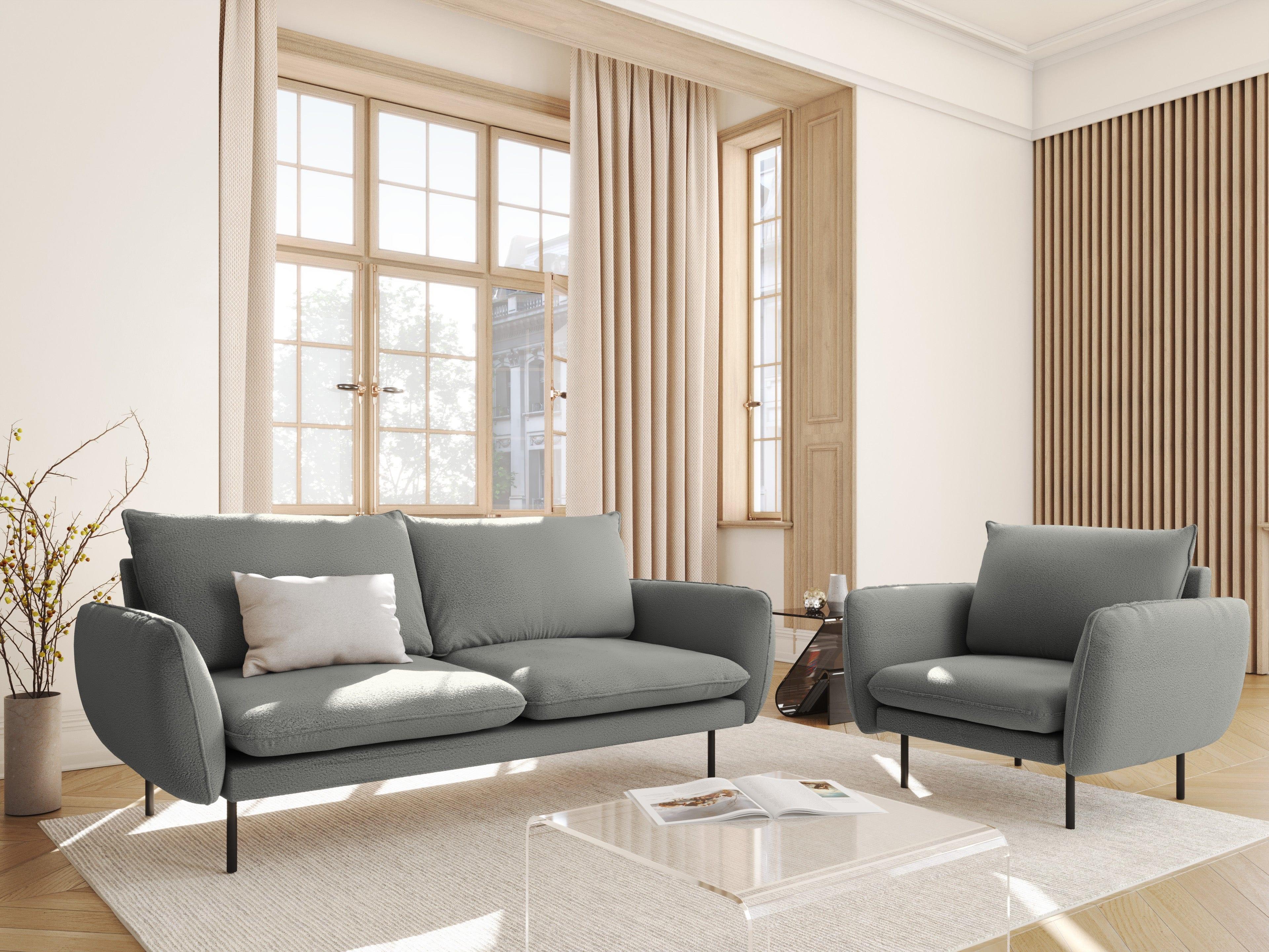 Sofa w tkaninie boucle 2-osobowa VIENNA szary z czarną podstawą Cosmopolitan Design    Eye on Design