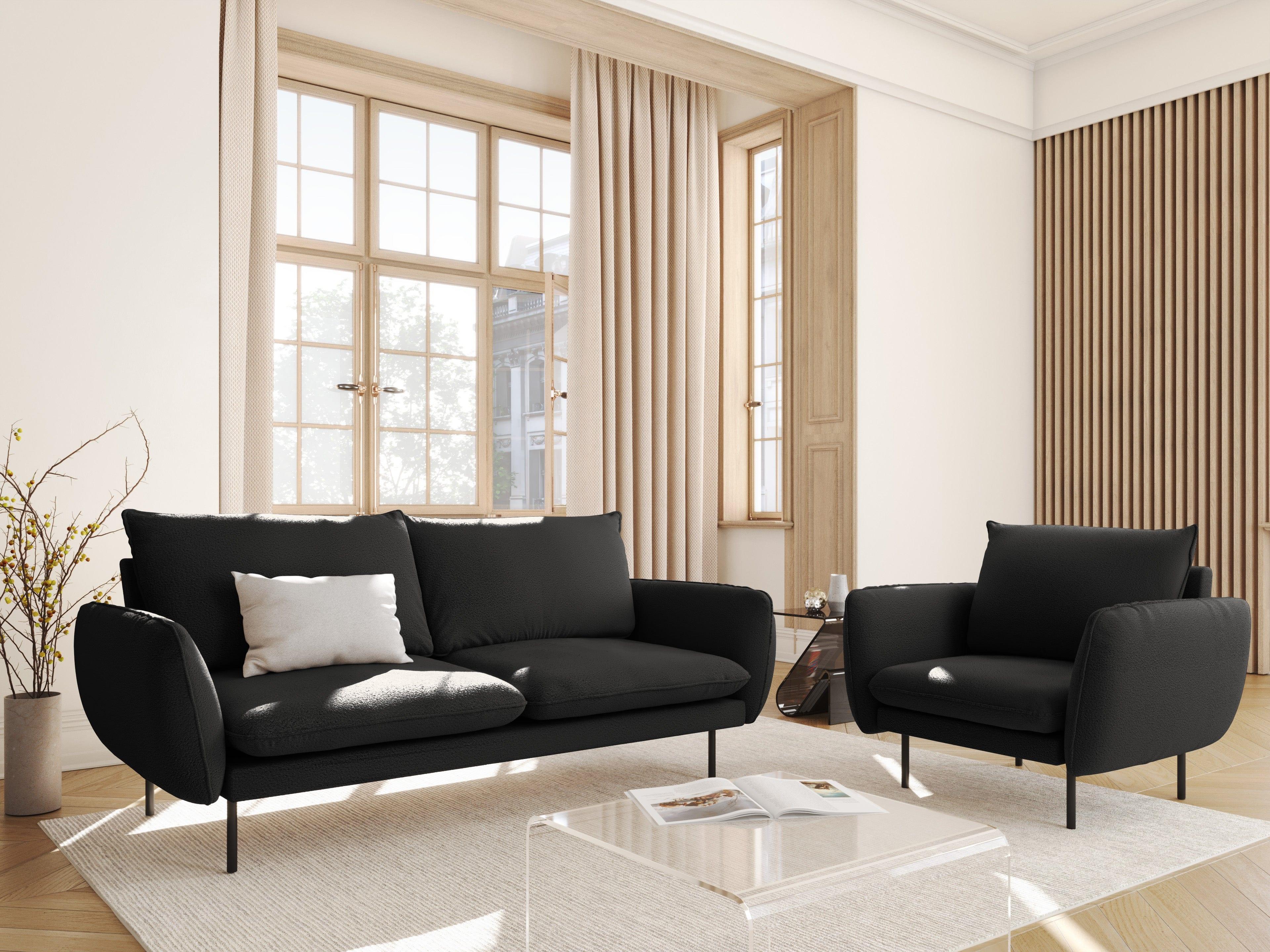 Sofa w tkaninie boucle 2-osobowa VIENNA czarny z czarną podstawą Cosmopolitan Design    Eye on Design