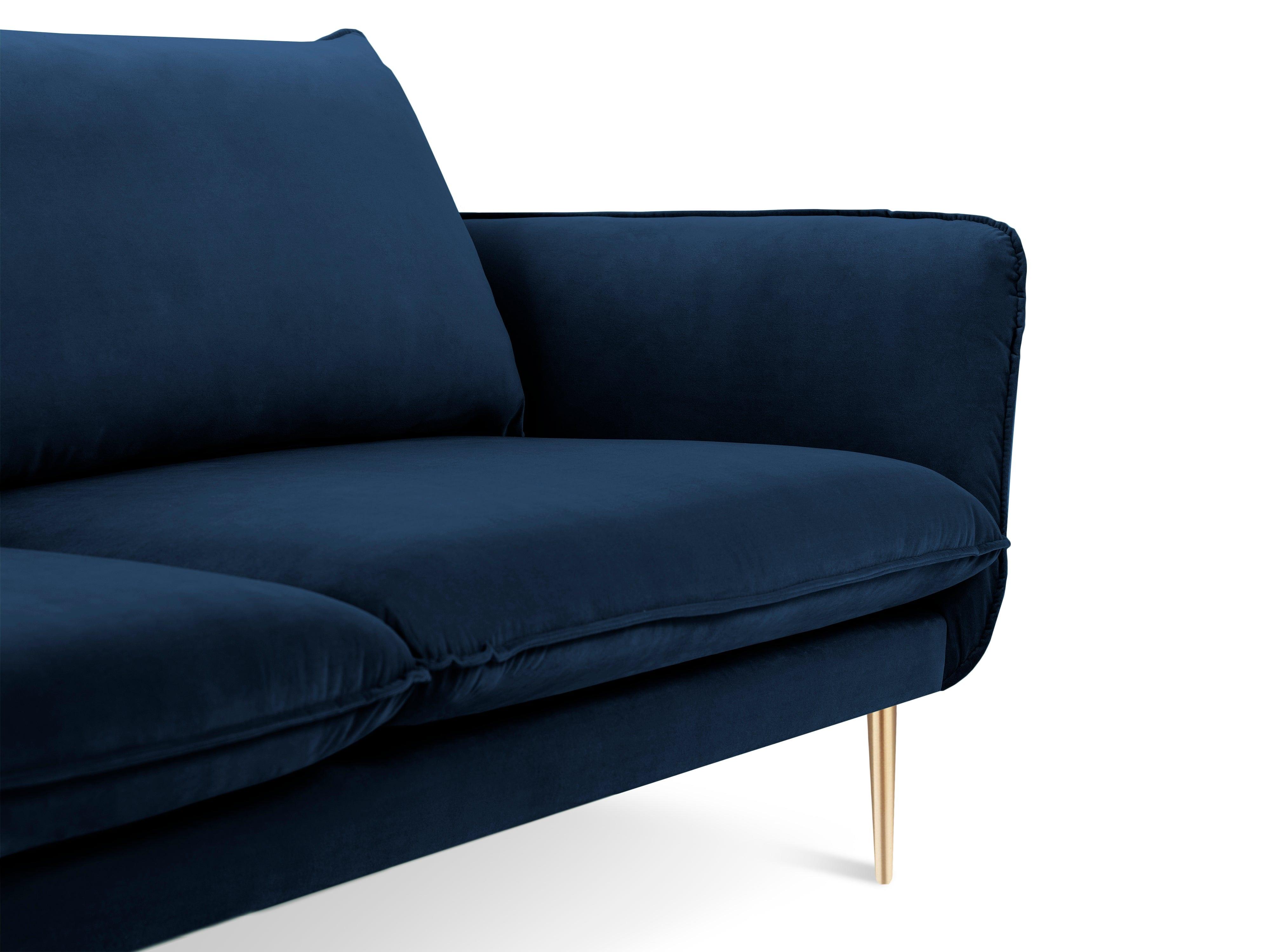 Sofa aksamitna 3-osobowa VIENNA niebieski ze złotą podstawą Cosmopolitan Design    Eye on Design