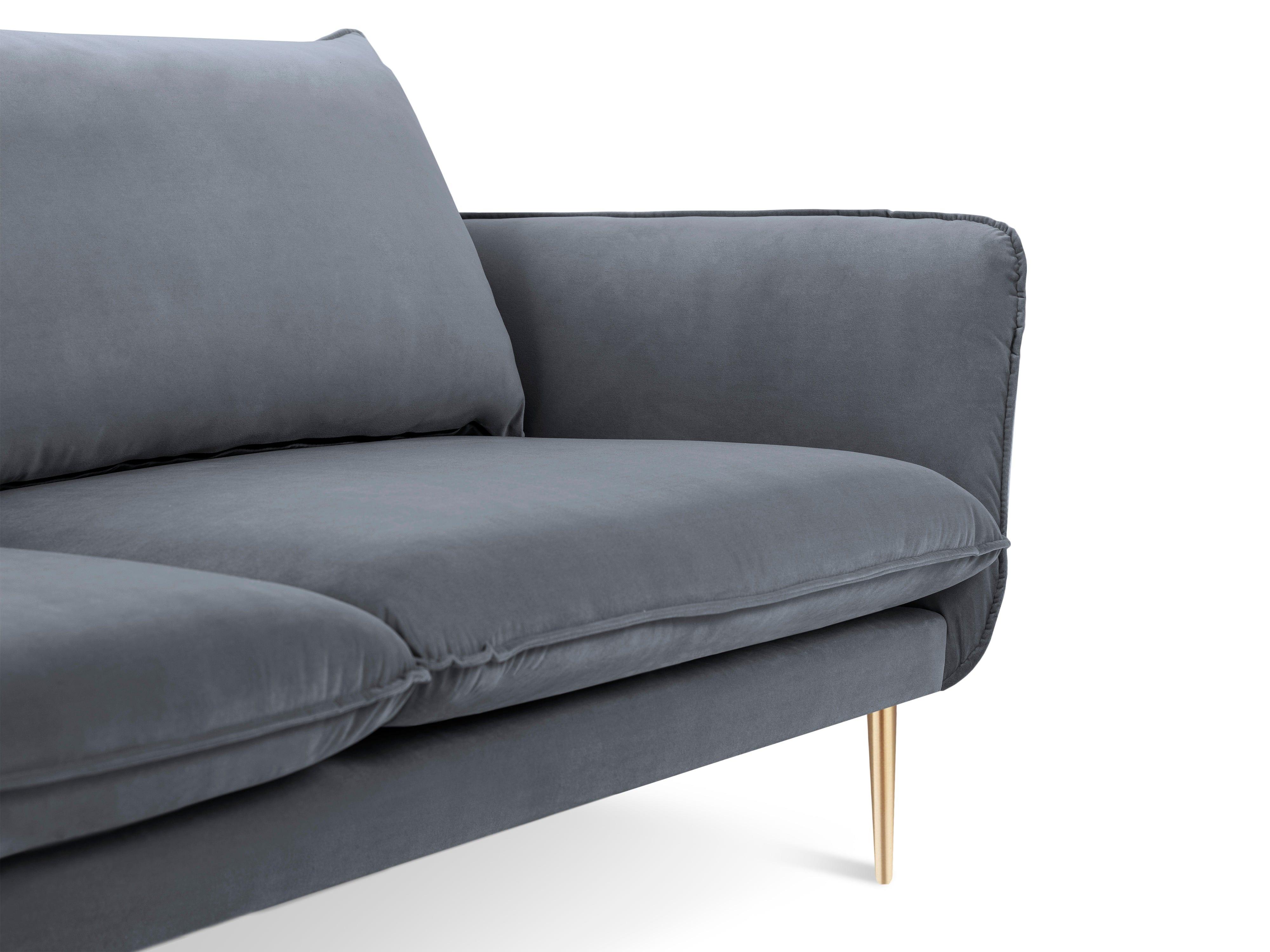 Sofa aksamitna 3-osobowa VIENNA szary ze złotą podstawą, Cosmopolitan Design, Eye on Design