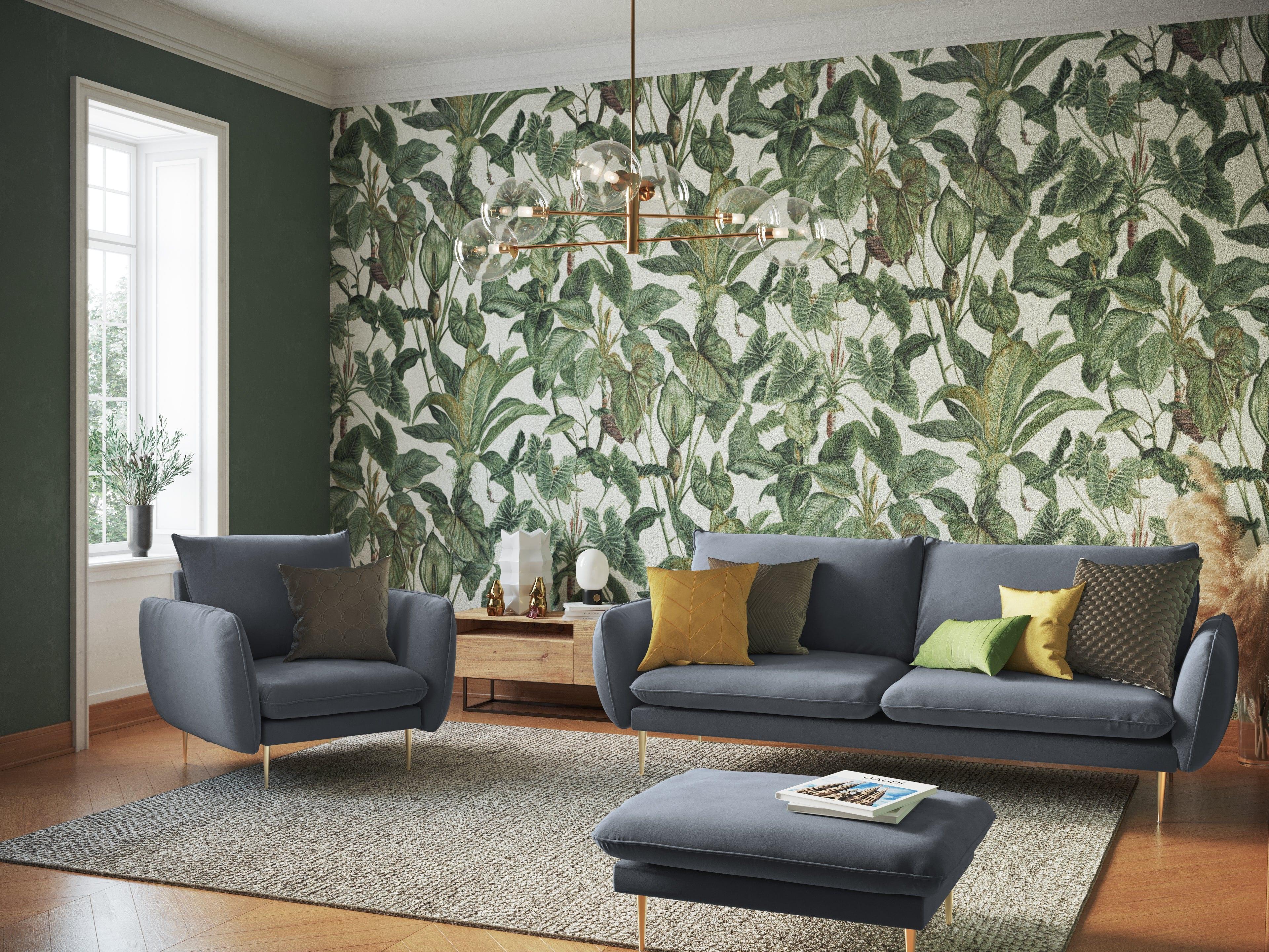 Sofa aksamitna 3-osobowa VIENNA szary ze złotą podstawą, Cosmopolitan Design, Eye on Design