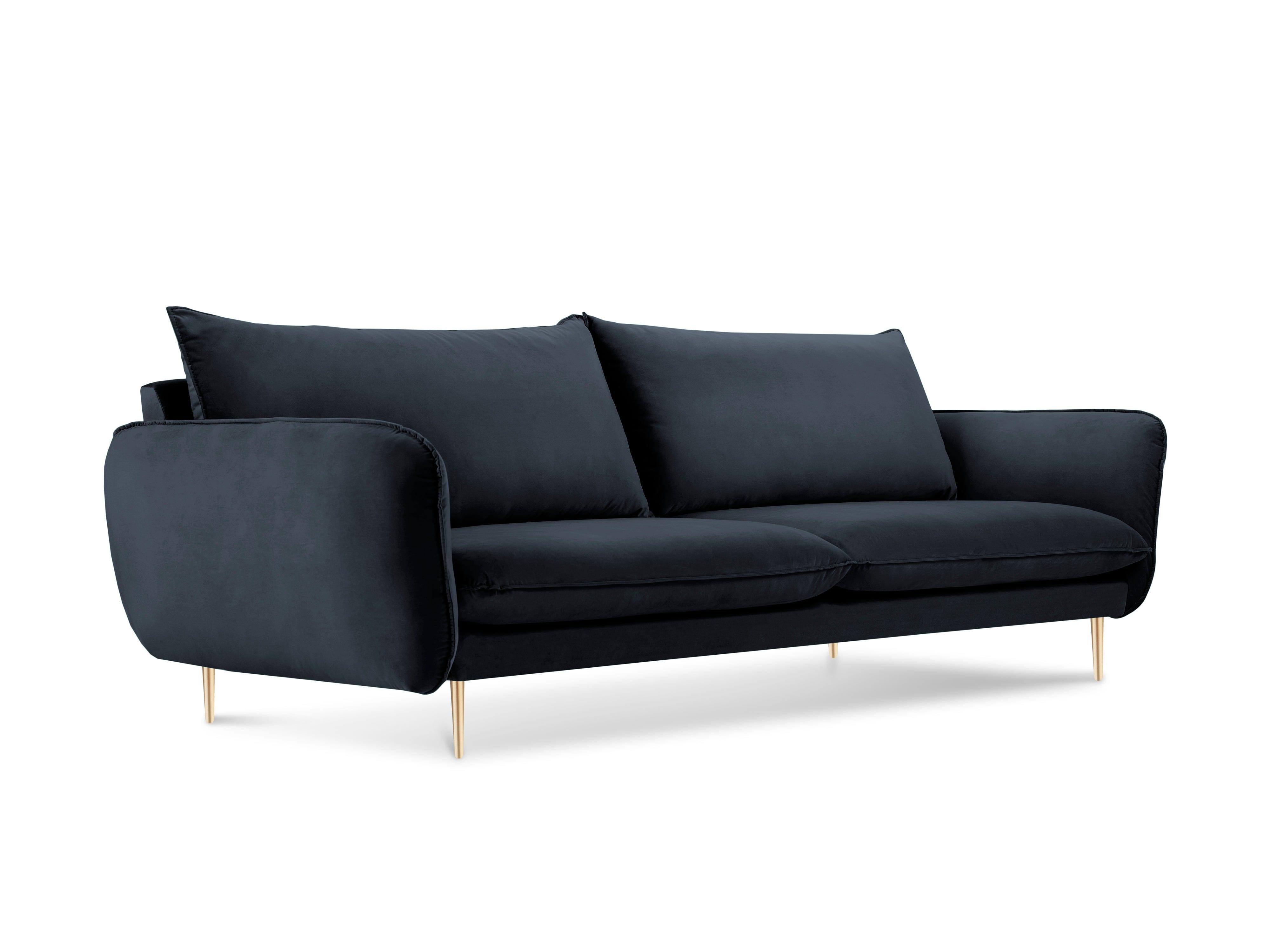 Sofa aksamitna 3-osobowa VIENNA granatowy ze złotą podstawą Cosmopolitan Design    Eye on Design