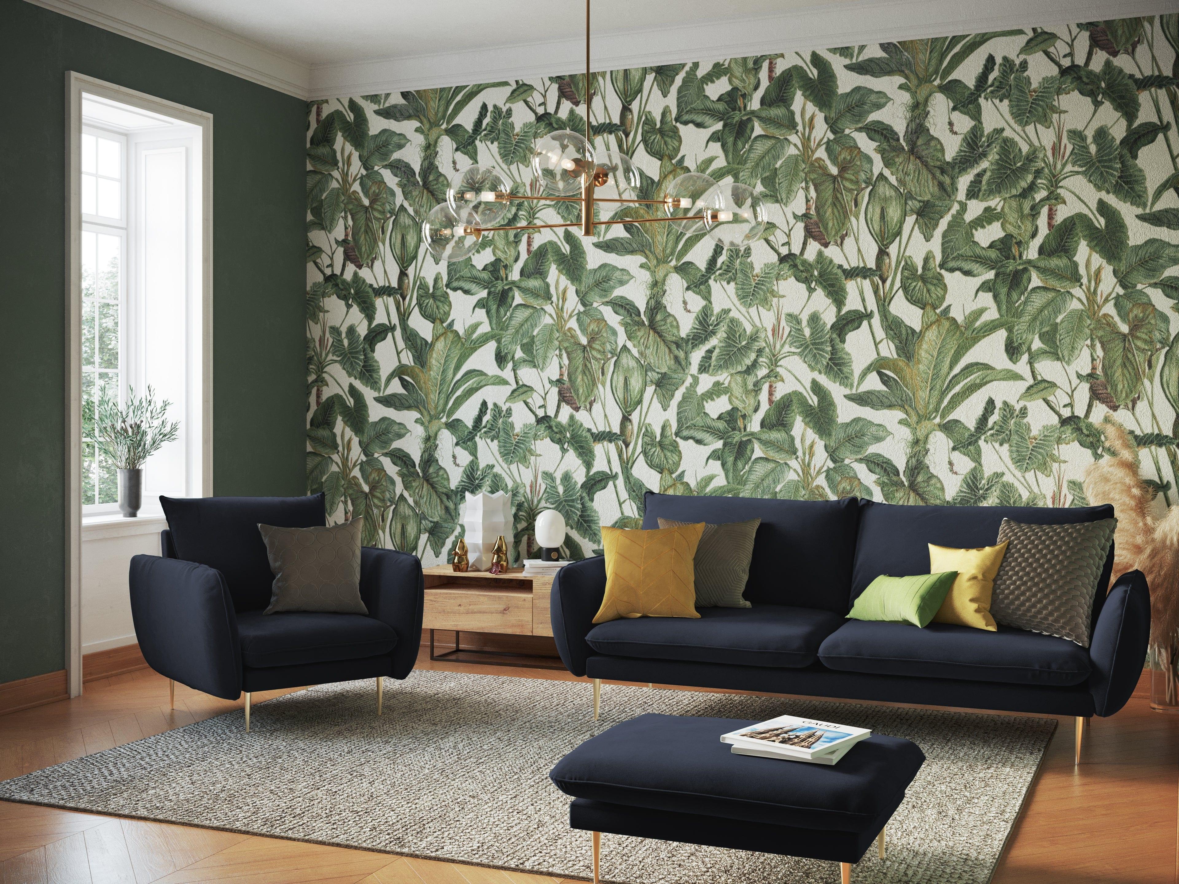 Sofa aksamitna 3-osobowa VIENNA granatowy ze złotą podstawą Cosmopolitan Design    Eye on Design