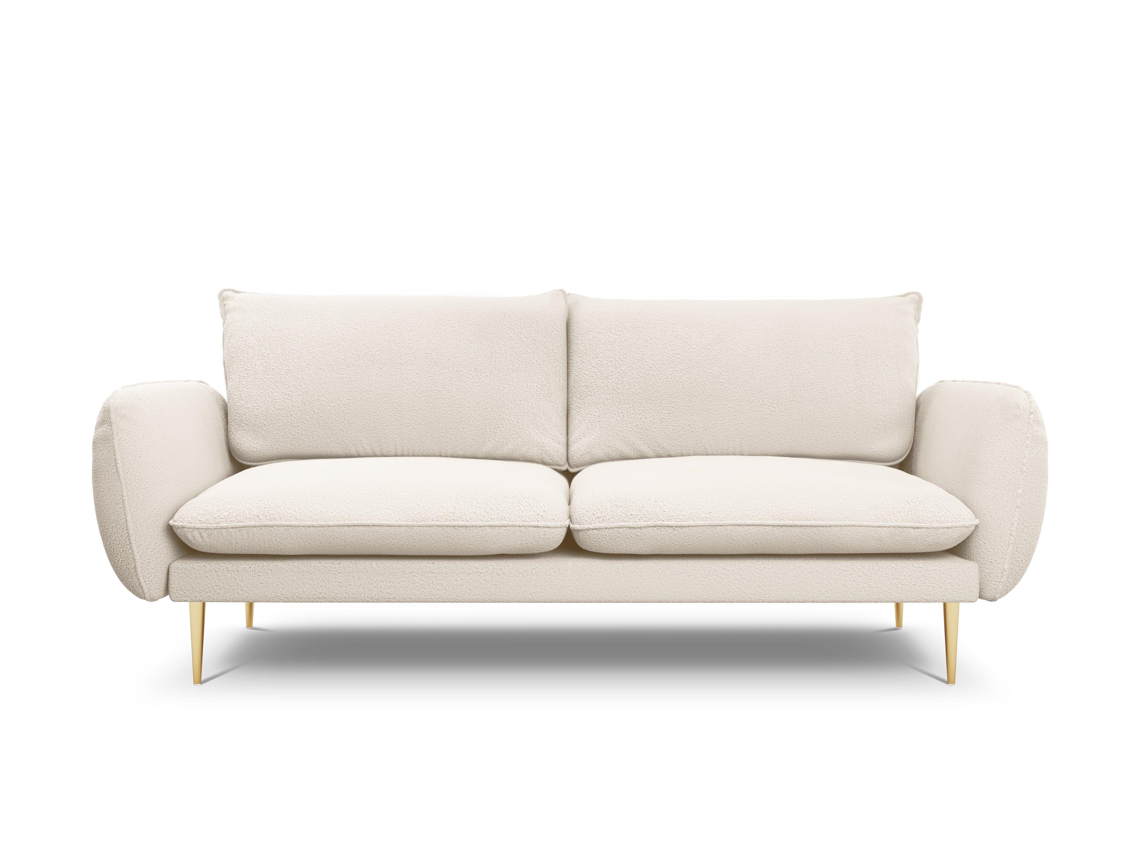 Sofa w tkaninie boucle 3-osobowa VIENNA beżowy ze złotą podstawą Cosmopolitan Design    Eye on Design