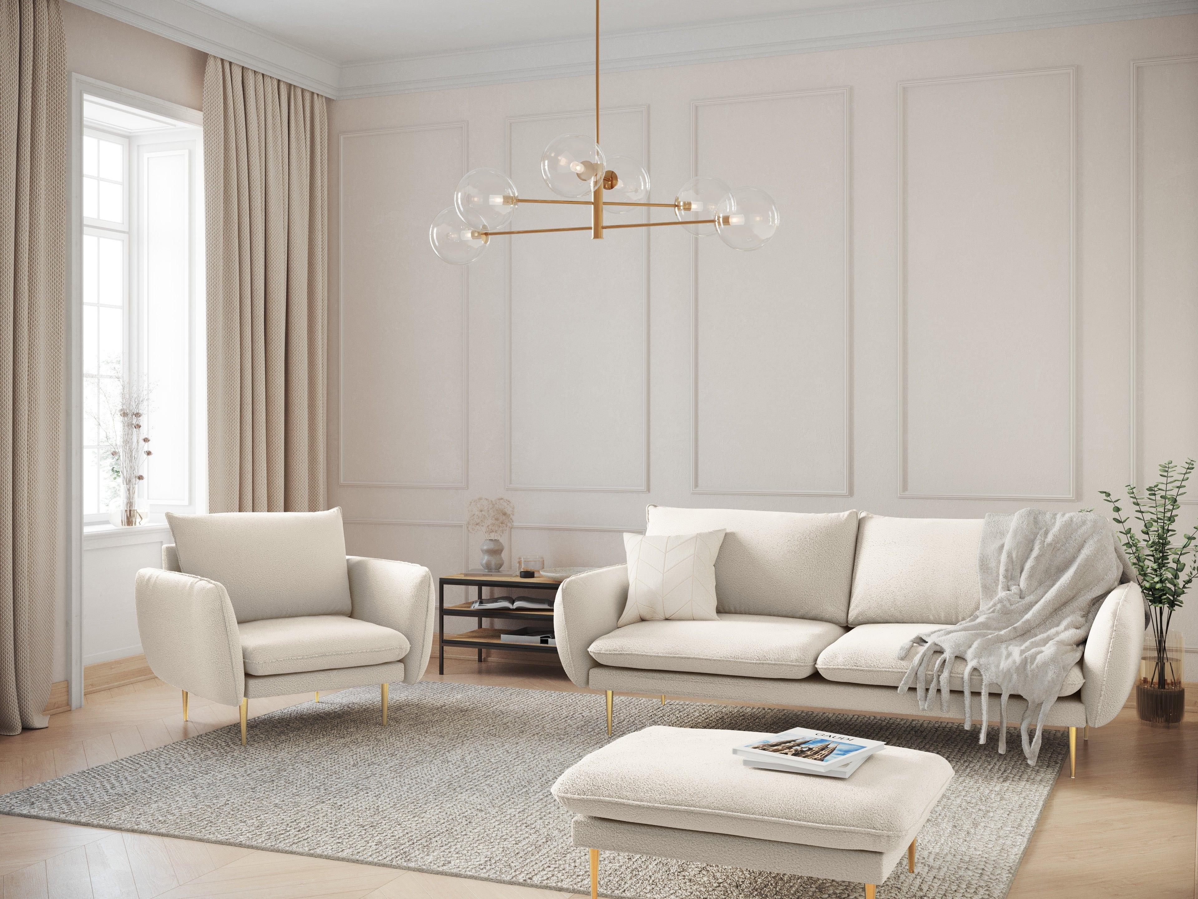 Sofa w tkaninie boucle 3-osobowa VIENNA beżowy ze złotą podstawą Cosmopolitan Design    Eye on Design