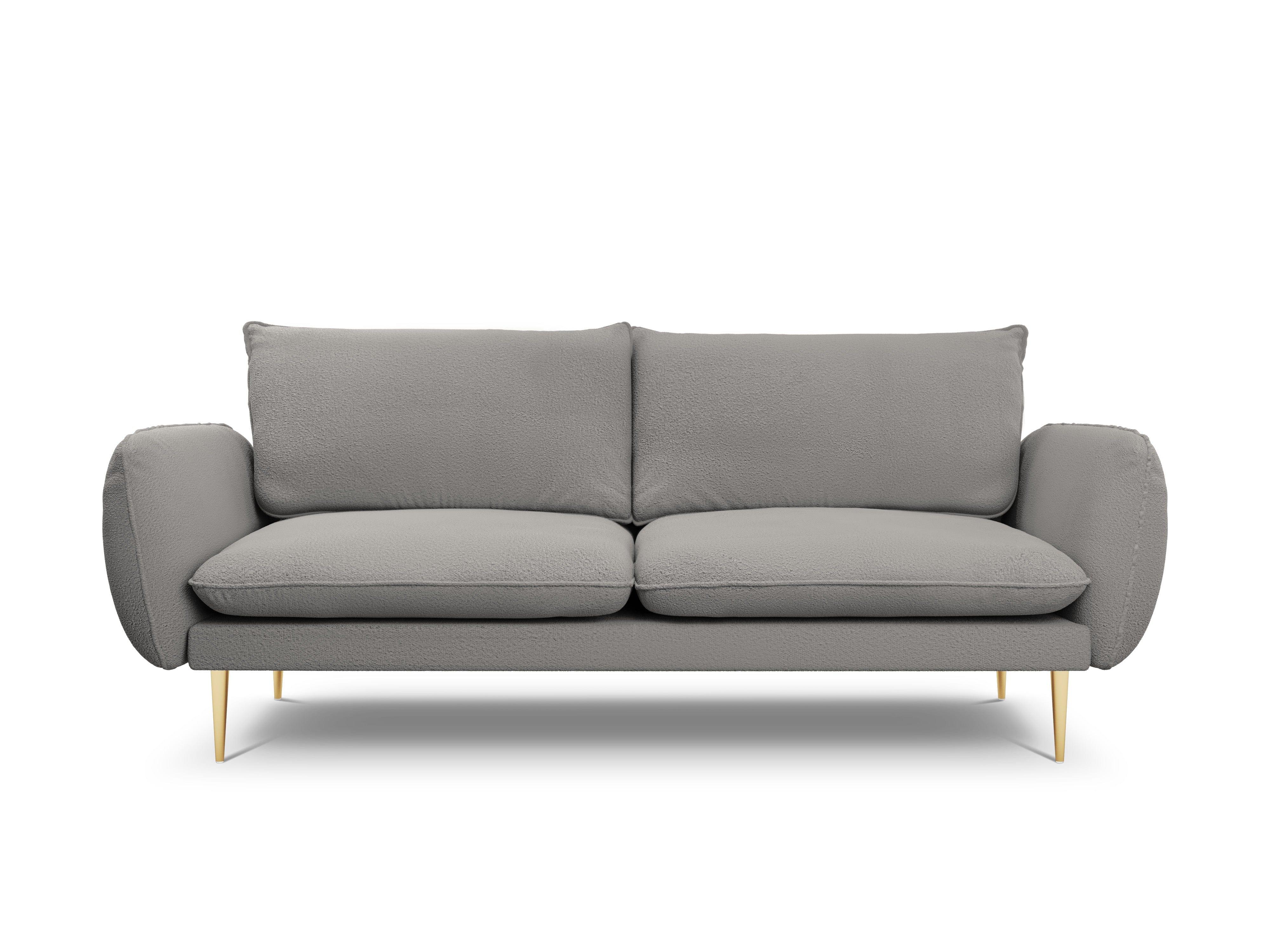 Sofa w tkaninie boucle 3-osobowa VIENNA szary ze złotą podstawą Cosmopolitan Design    Eye on Design