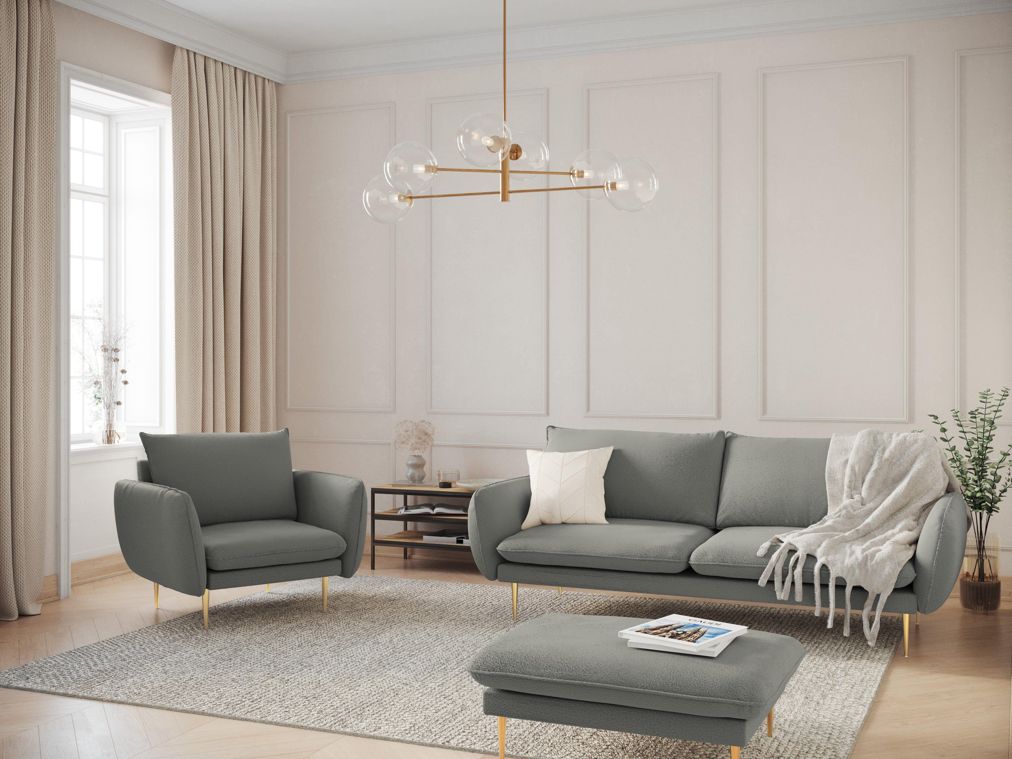 Sofa w tkaninie boucle 3-osobowa VIENNA szary ze złotą podstawą Cosmopolitan Design    Eye on Design
