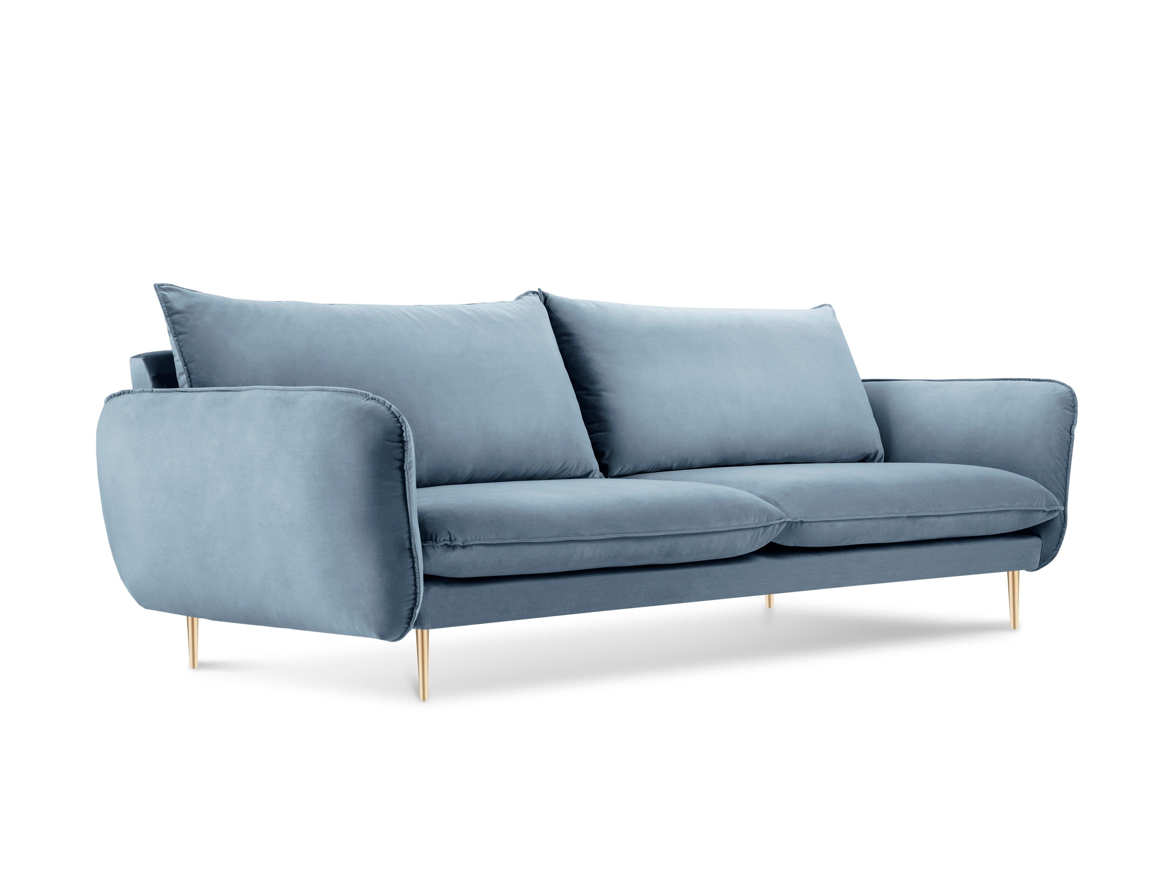 Sofa aksamitna 4-osobowa VIENNA jasnoniebieski ze złotą podstawą Cosmopolitan Design    Eye on Design