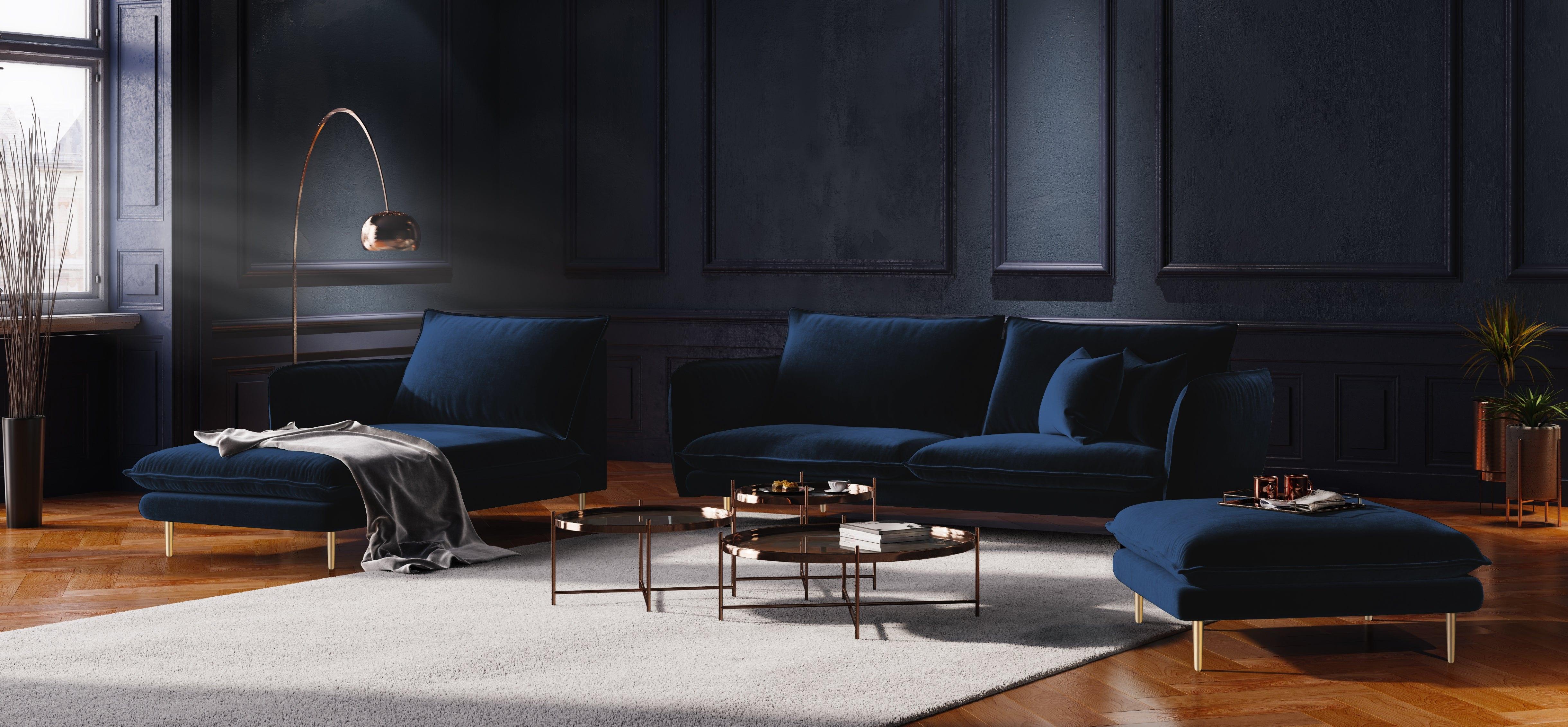 Sofa aksamitna 4-osobowa VIENNA niebieski ze złotą podstawą Cosmopolitan Design    Eye on Design