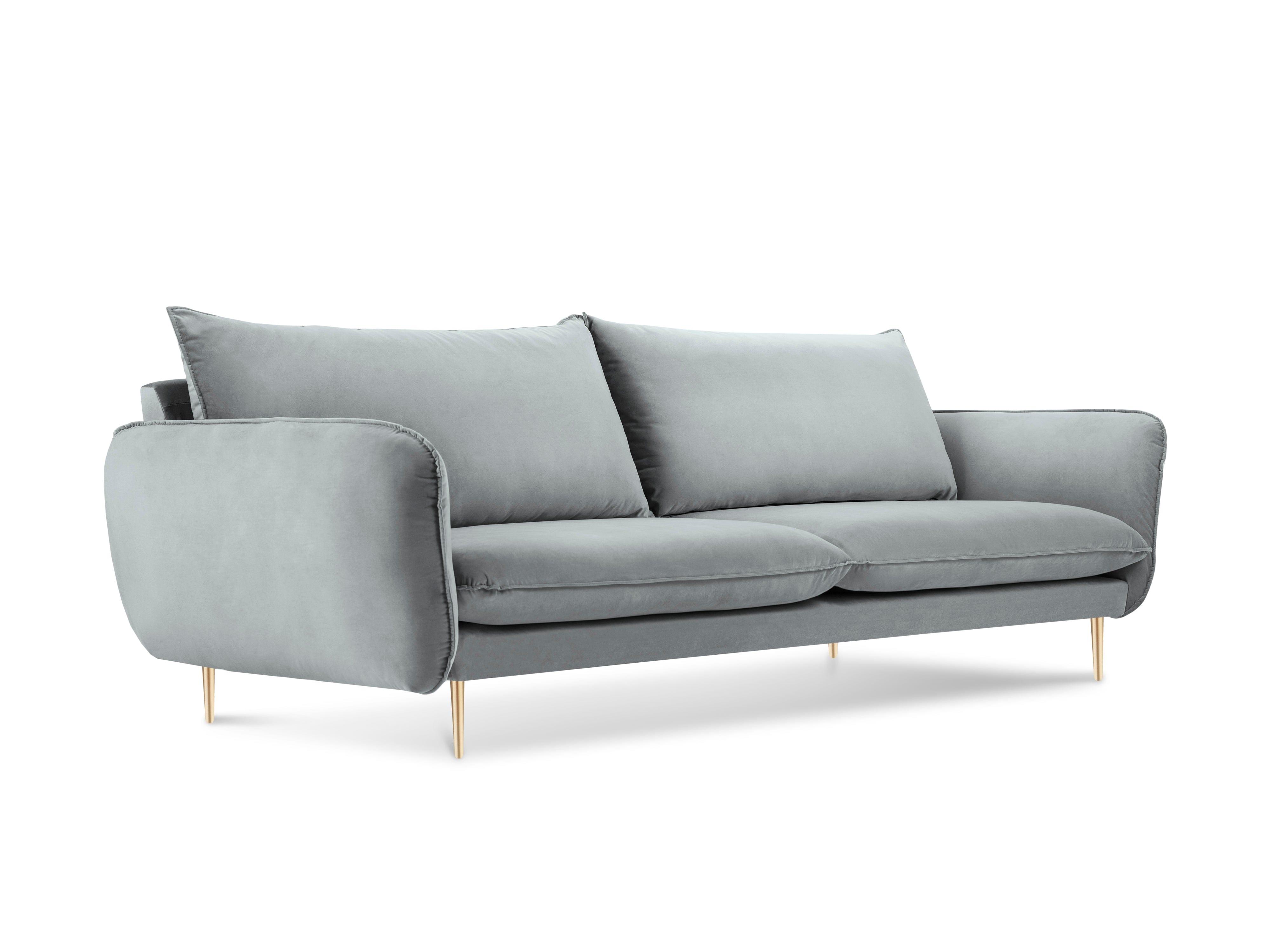 Sofa aksamitna 4-osobowa VIENNA jasnoszary ze złotą podstawą Cosmopolitan Design    Eye on Design