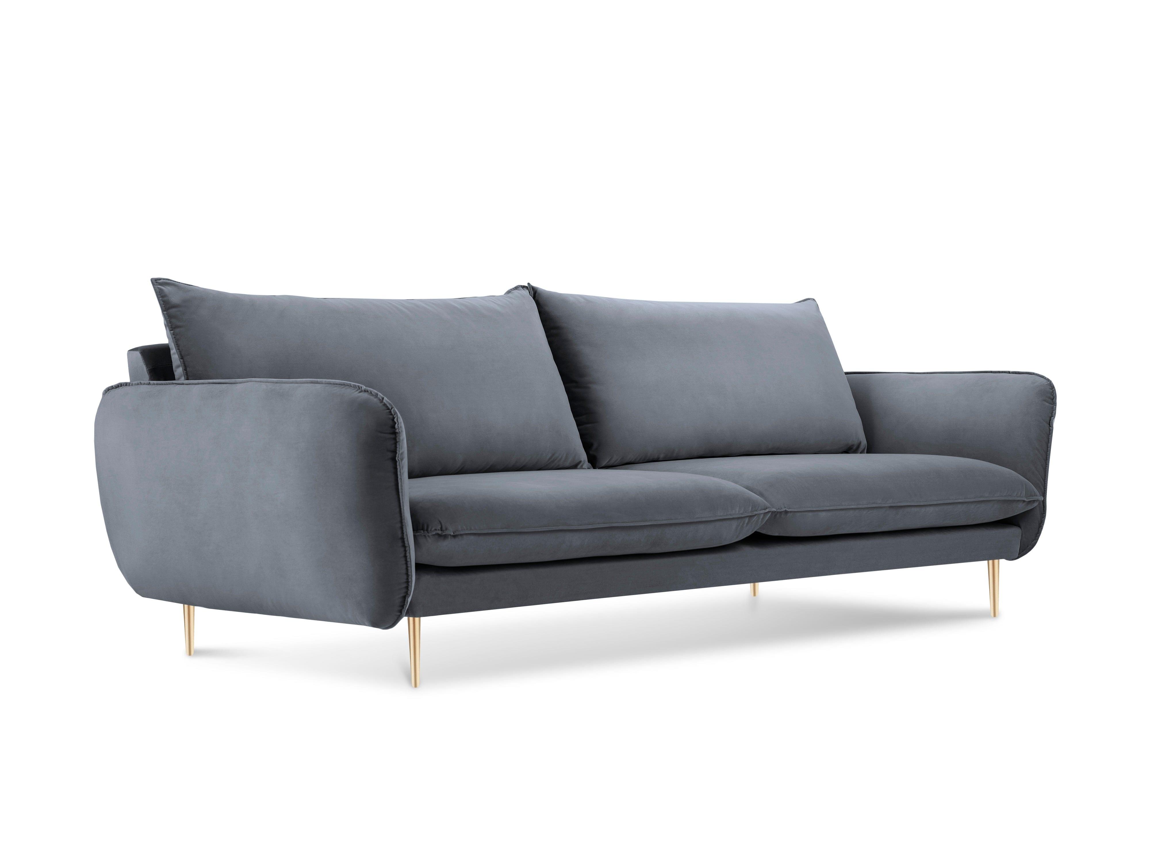 Sofa aksamitna 4-osobowa VIENNA szary ze złotą podstawą, Cosmopolitan Design, Eye on Design