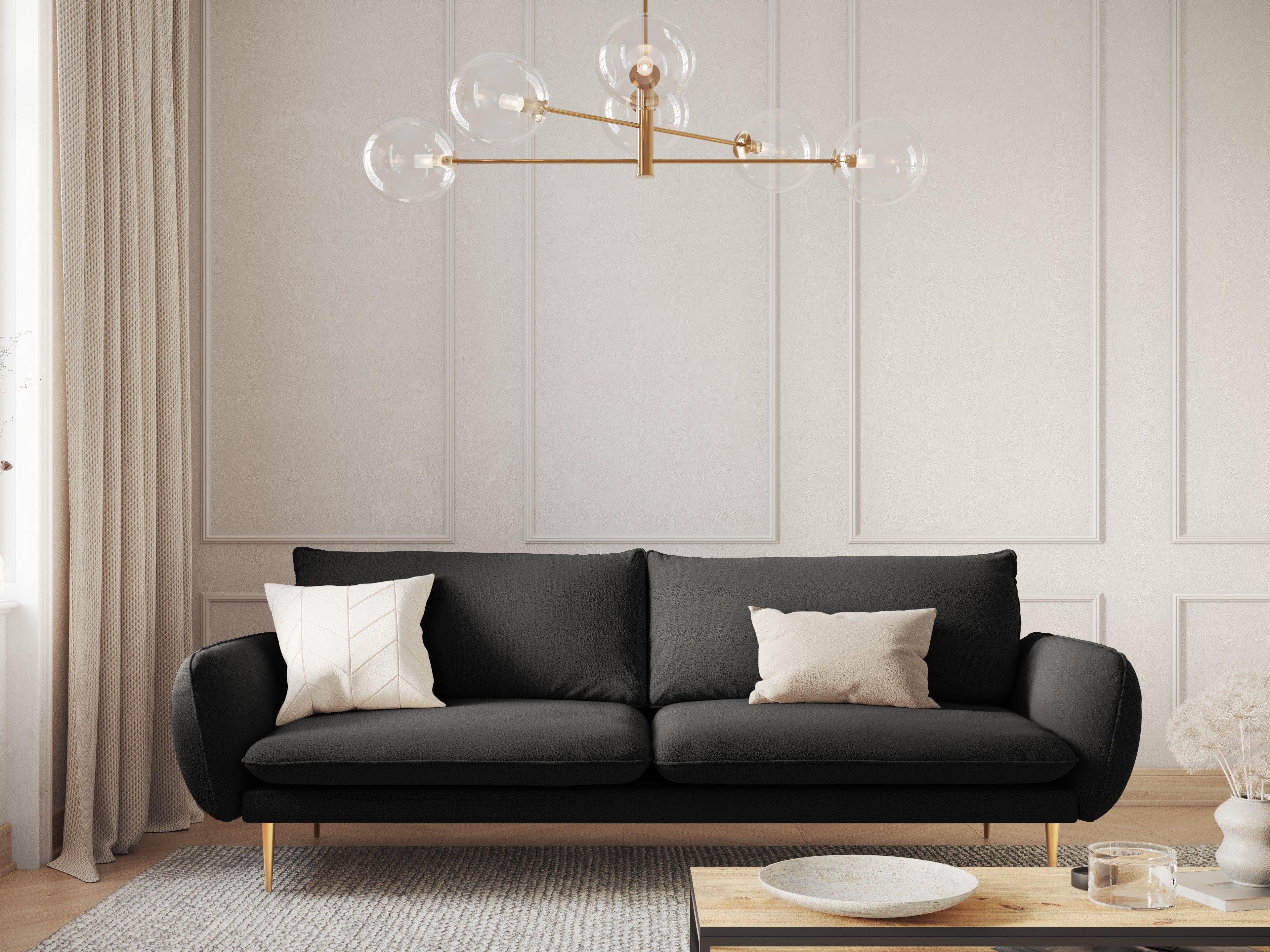 Sofa w tkaninie boucle 4-osobowa VIENNA czarny ze złotą podstawą Cosmopolitan Design    Eye on Design