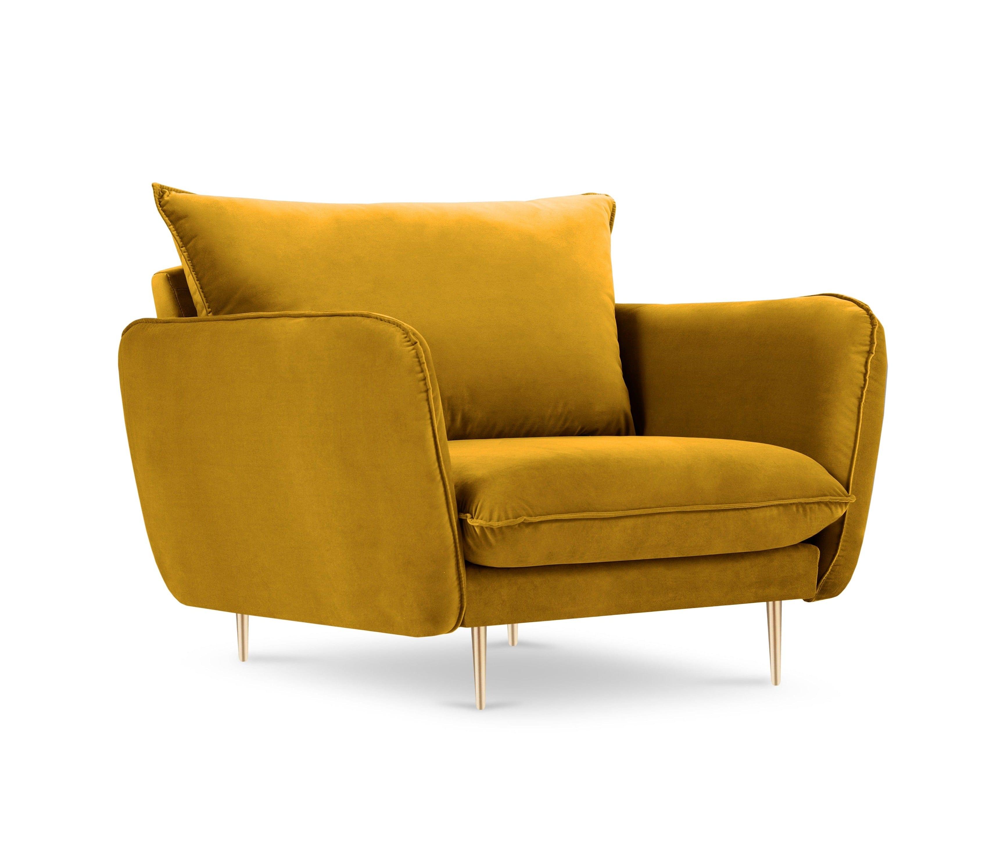 Fotel aksamitny VIENNA żółty ze złotą podstawą Cosmopolitan Design    Eye on Design