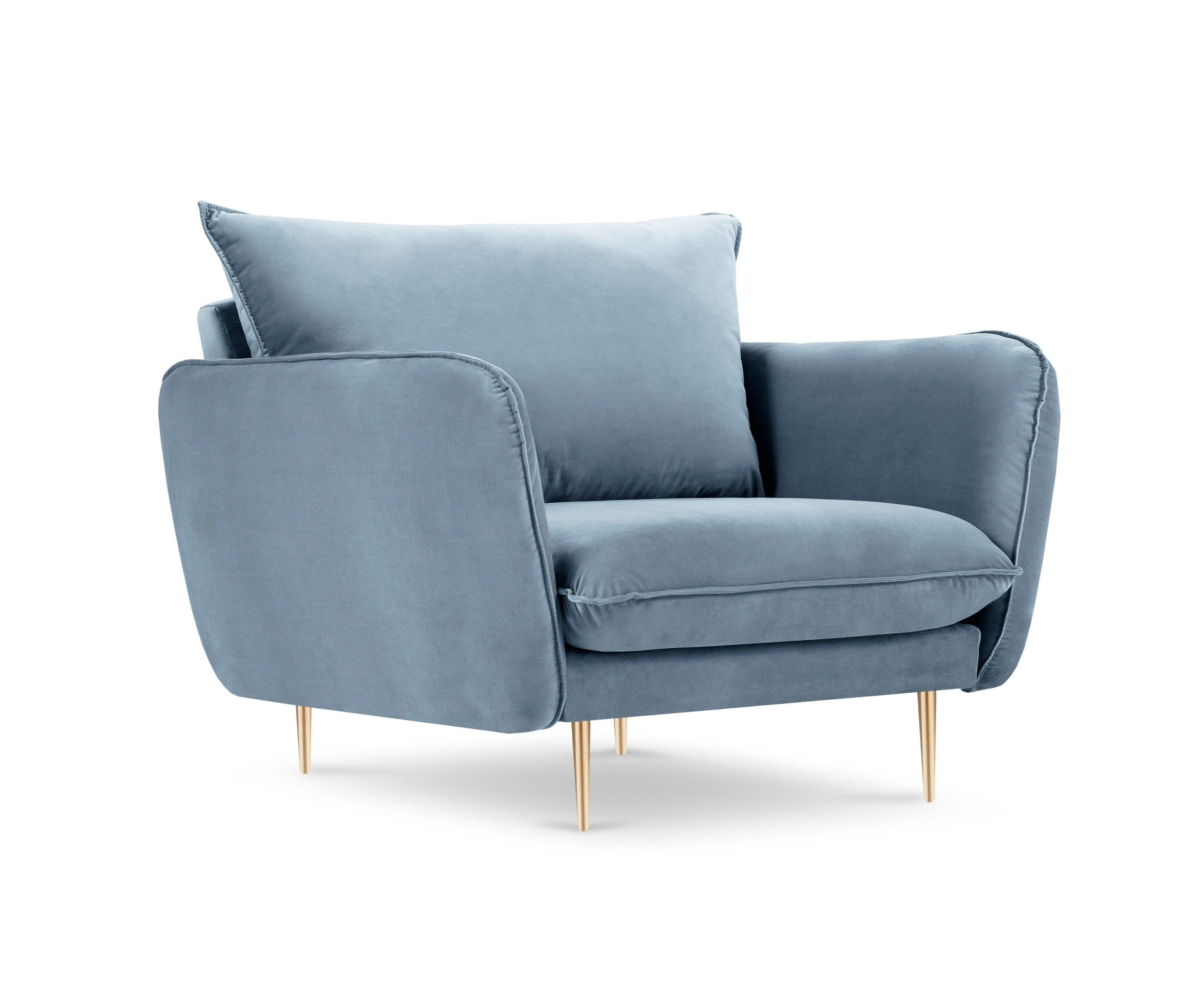 Fotel aksamitny VIENNA jasnoniebieski ze złotą podstawą Cosmopolitan Design    Eye on Design