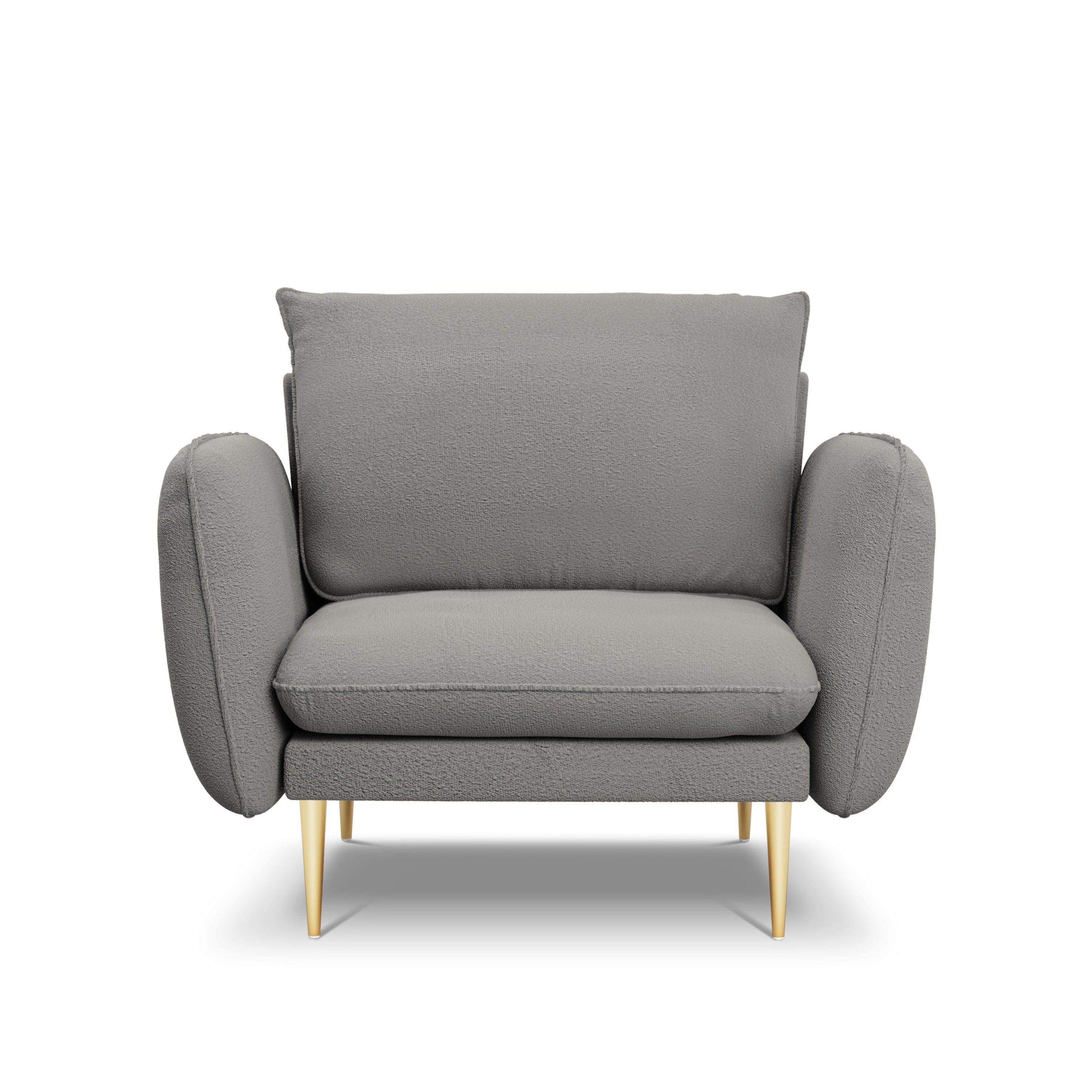 Fotel w tkaninie boucle VIENNA szary ze złotą podstawą Cosmopolitan Design    Eye on Design
