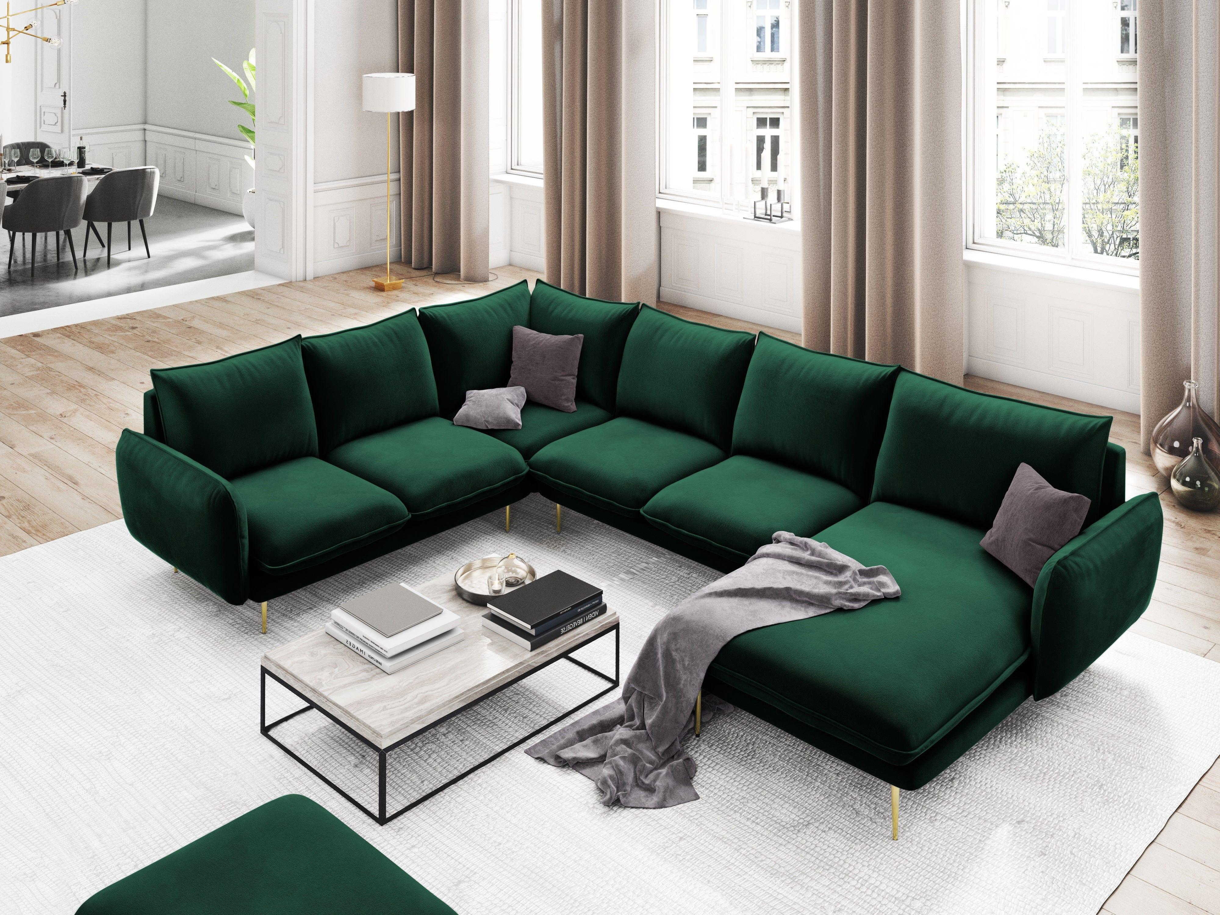Narożnik lewostronny aksamitny panoramiczny VIENNA zielony ze złotą podstawą Cosmopolitan Design    Eye on Design