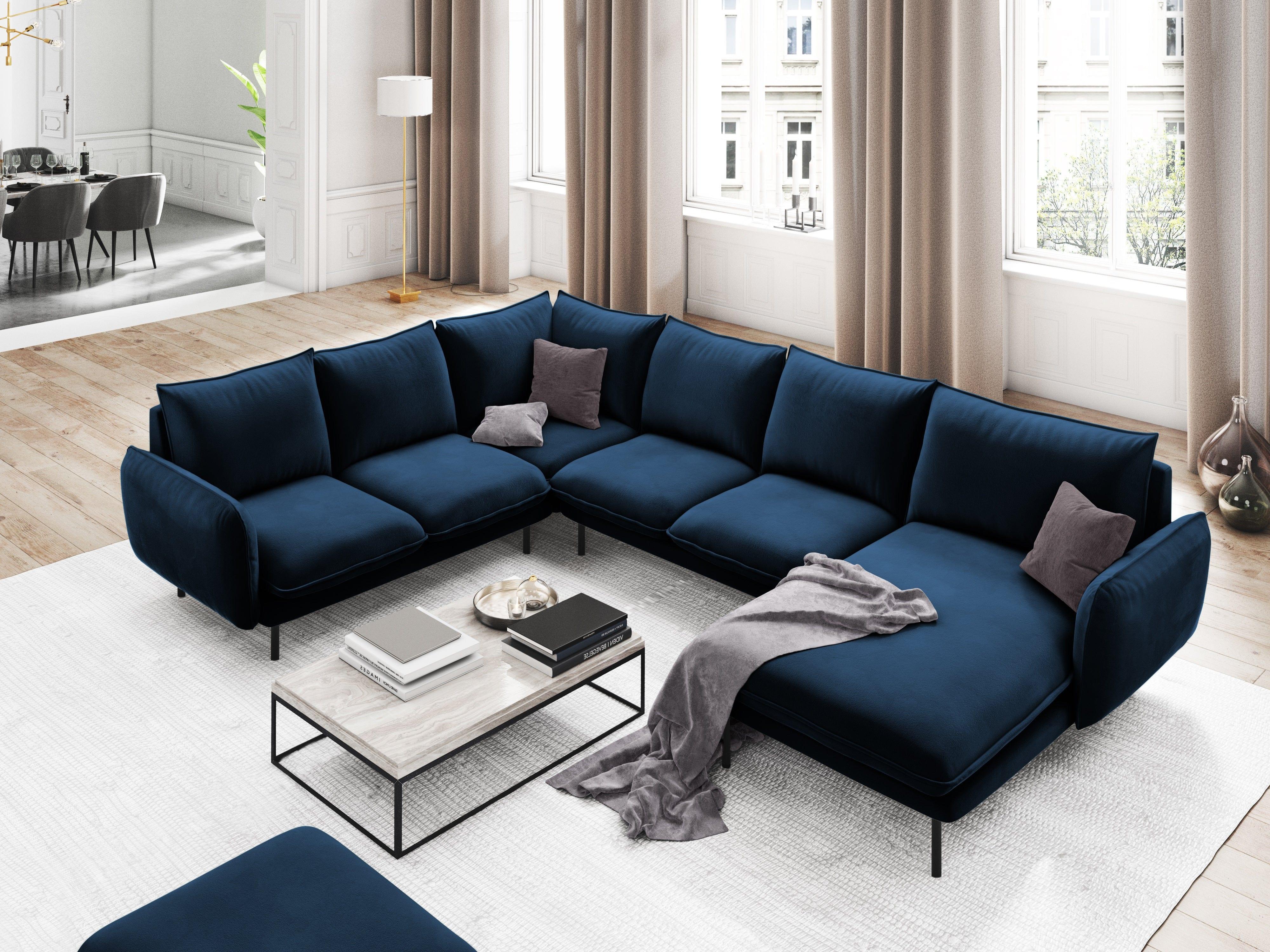 Narożnik lewostronny aksamitny panoramiczny VIENNA niebieski z czarną podstawą Cosmopolitan Design    Eye on Design