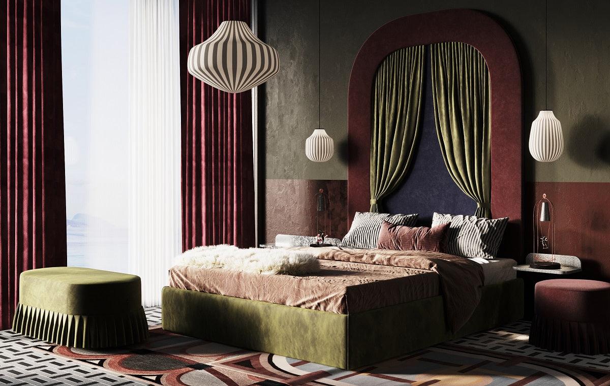 Łóżko tapicerowane ALICE róż z zieloną kurtyną Happy Barok    Eye on Design