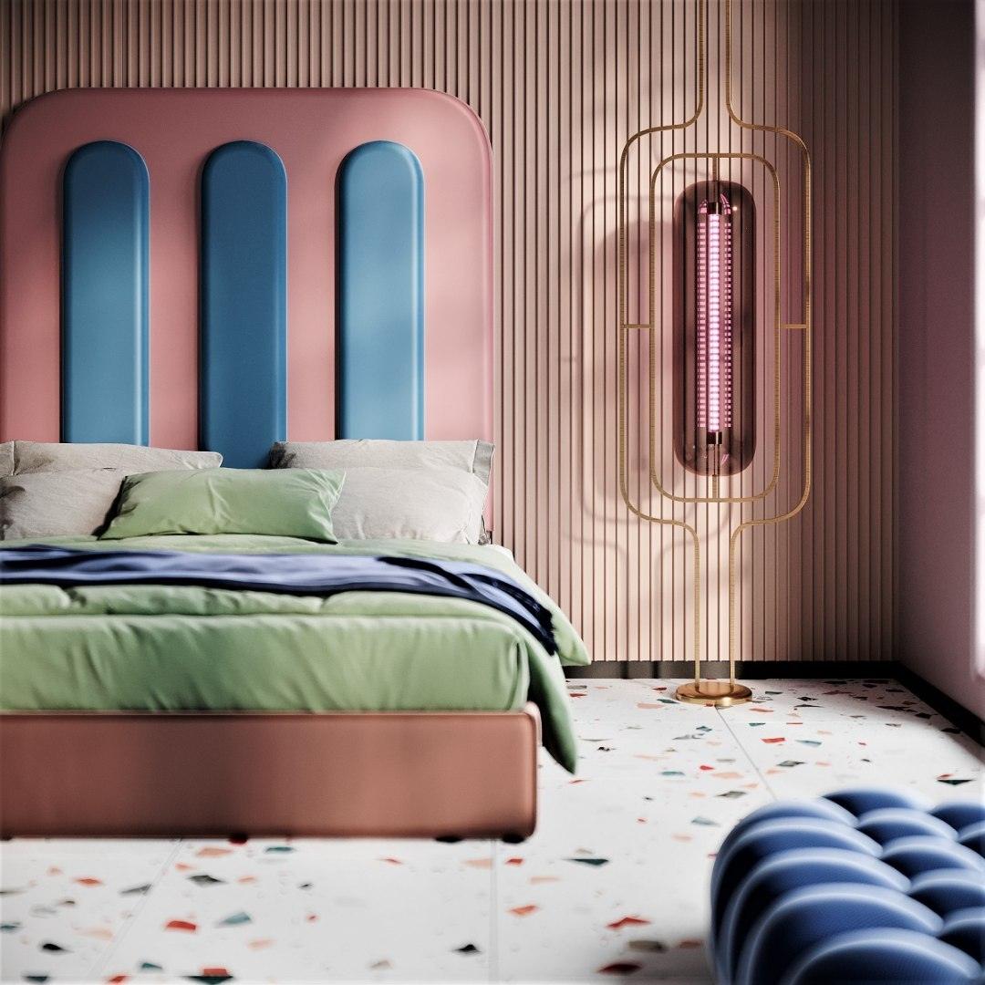 Łóżko tapicerowane BISQUIT różowy z niebieskim Happy Barok    Eye on Design