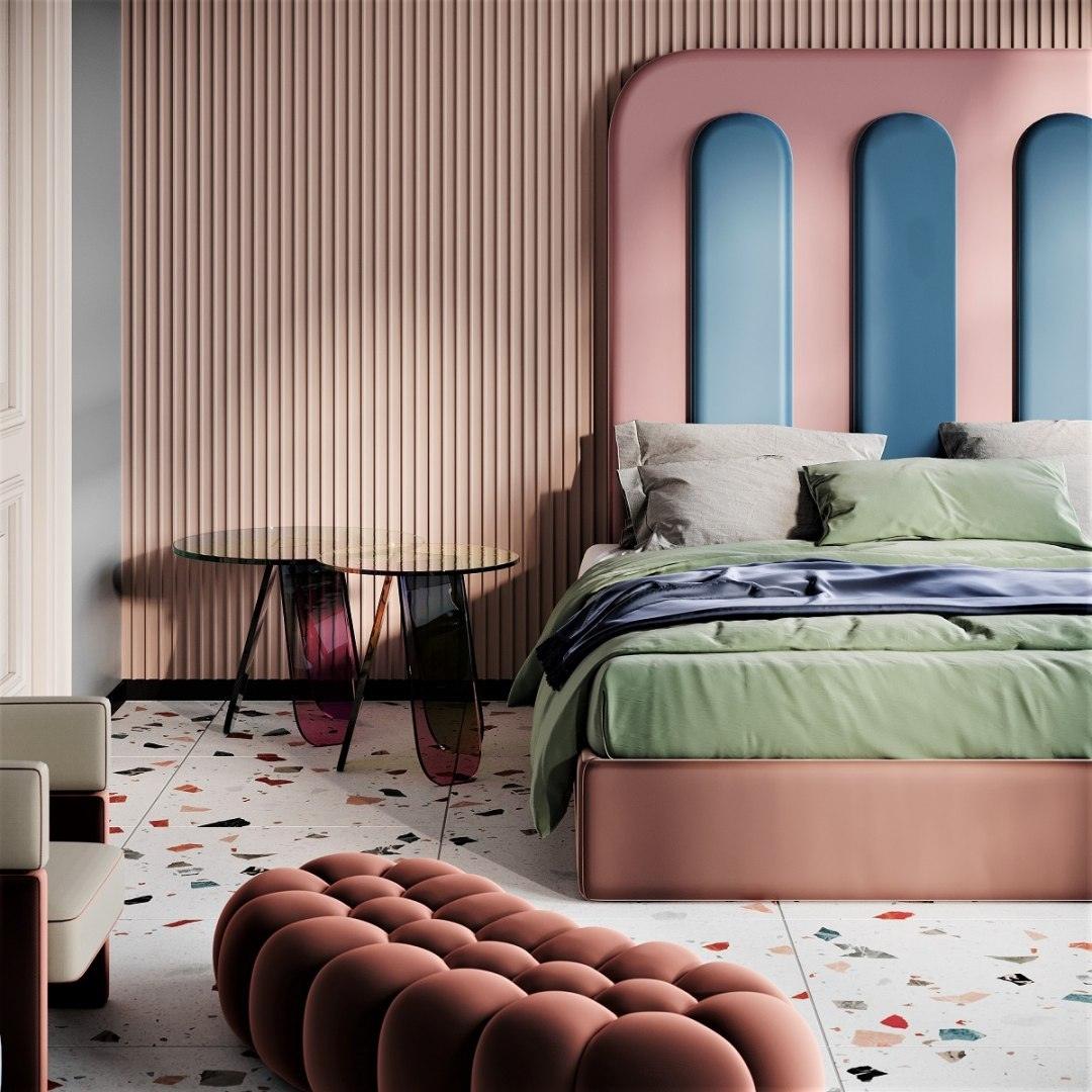 Łóżko tapicerowane BISQUIT różowy z niebieskim Happy Barok    Eye on Design
