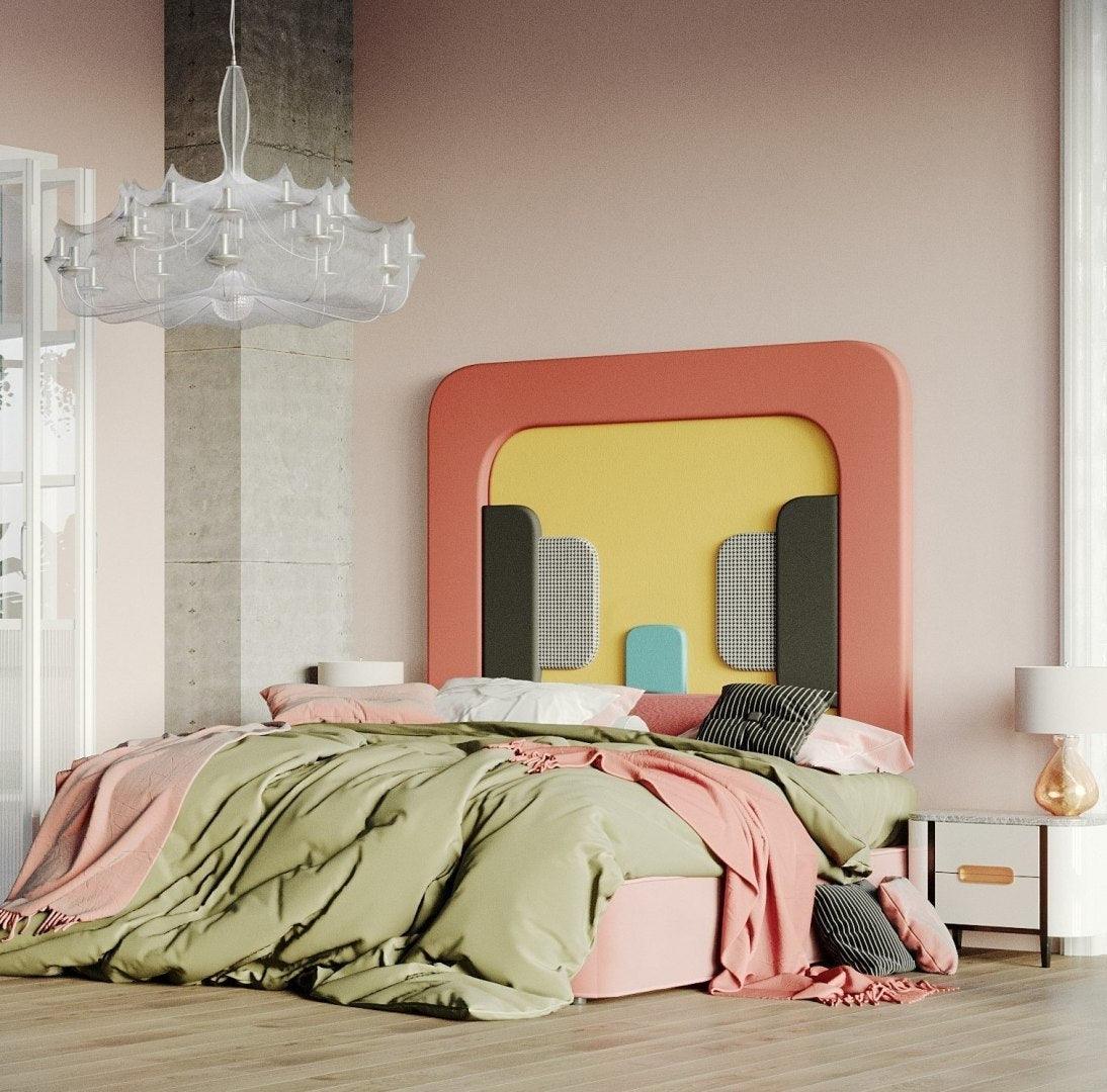 Łóżko tapicerowane PLUM 3 koralowy z żółtym Happy Barok    Eye on Design
