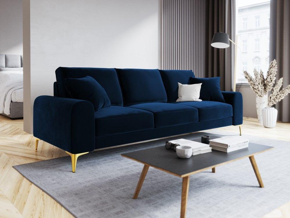 Sofa aksamitna 3-osobowa MADARA królewski niebieski ze złotą podstawą Mazzini Sofas    Eye on Design