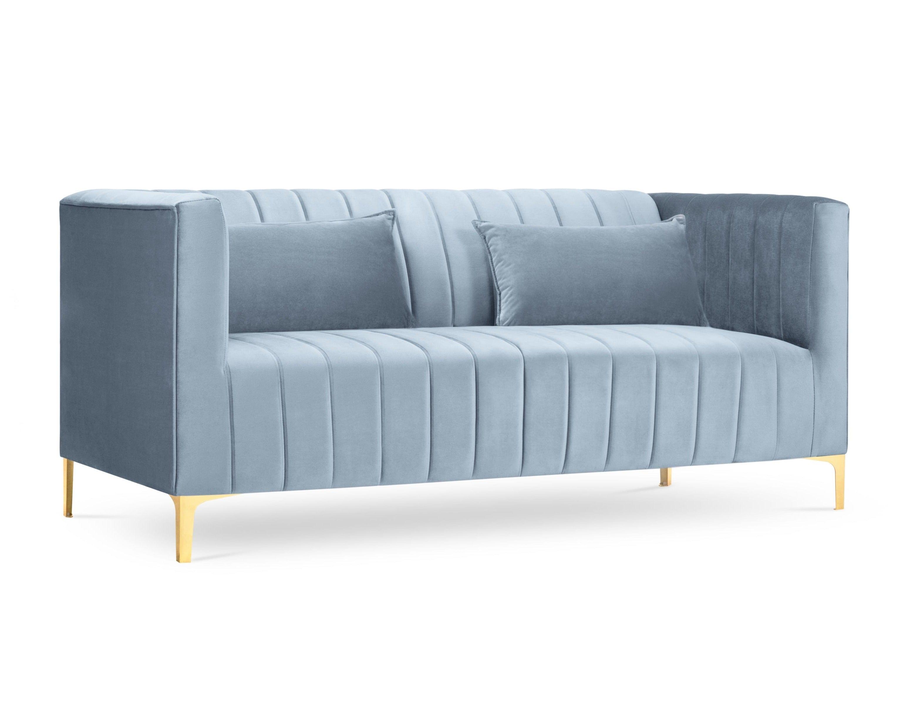 jasnoniebieska sofa ze złotą podstawą 