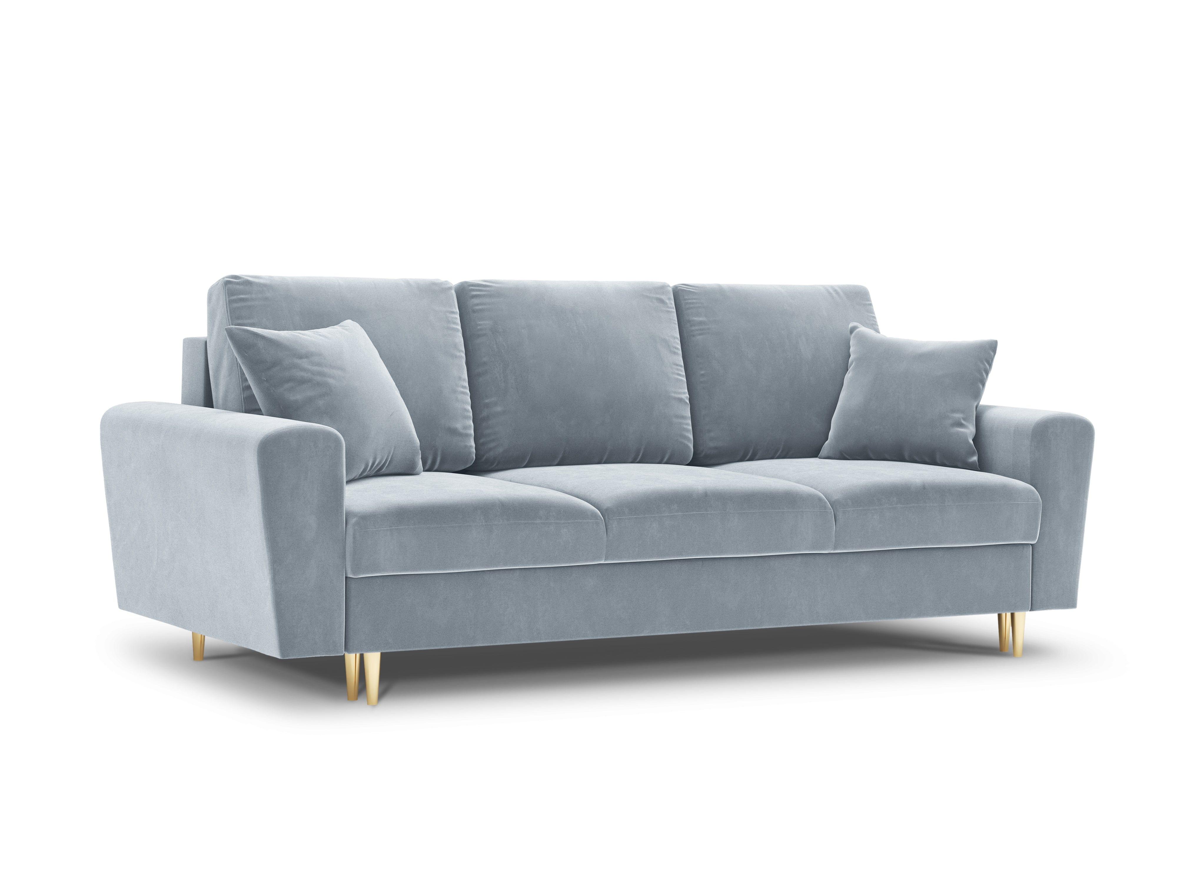 jasnoniebieska sofa ze złotym wykończeniem 