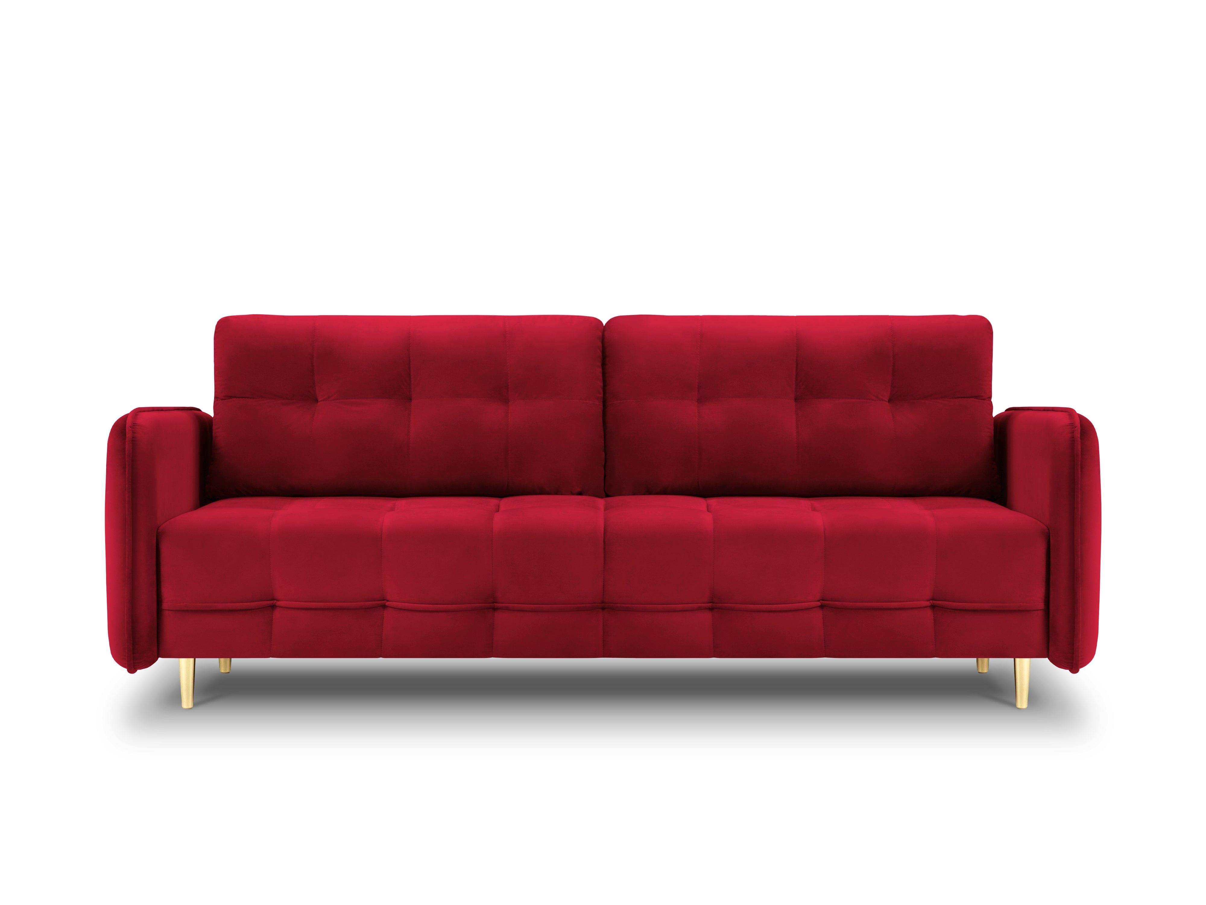 Sofa aksamitna z funkcją spania SCALETA czerwony ze złotą podstawą, Micadoni, Eye on Design