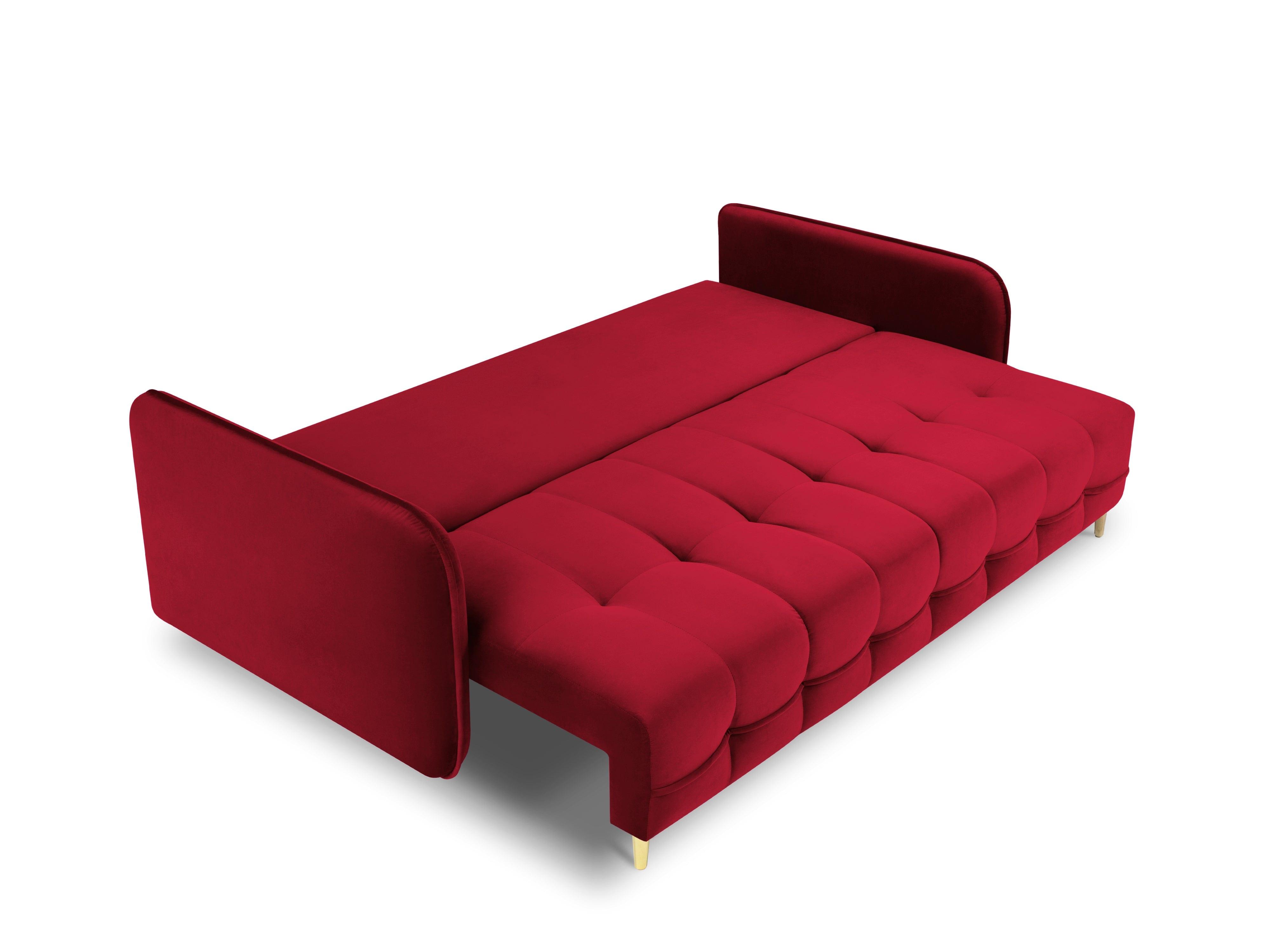 Sofa aksamitna z funkcją spania SCALETA czerwony ze złotą podstawą, Micadoni, Eye on Design