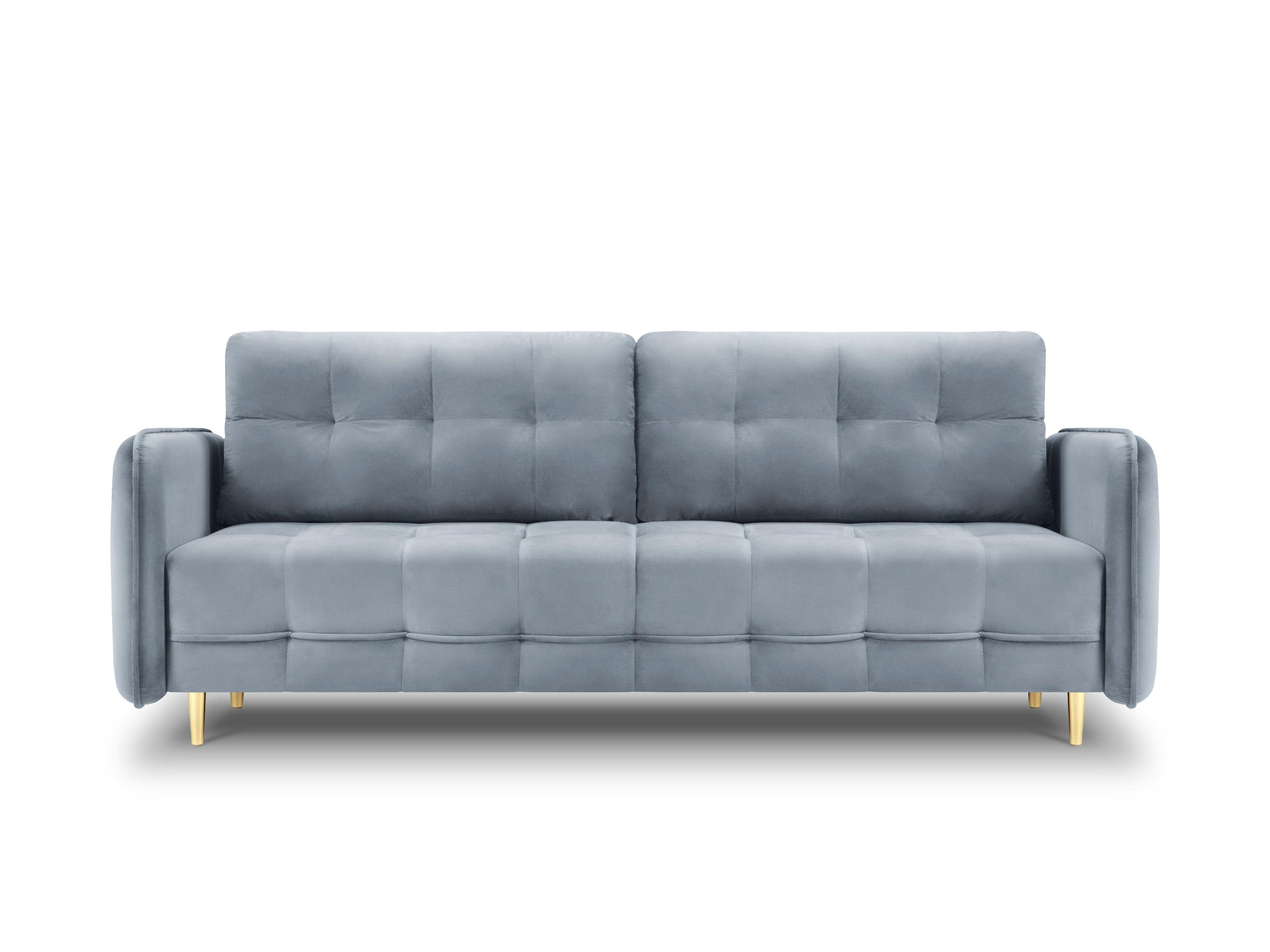 Sofa aksamitna z funkcją spania SCALETA jasnoniebieski ze złotą podstawą, Micadoni, Eye on Design