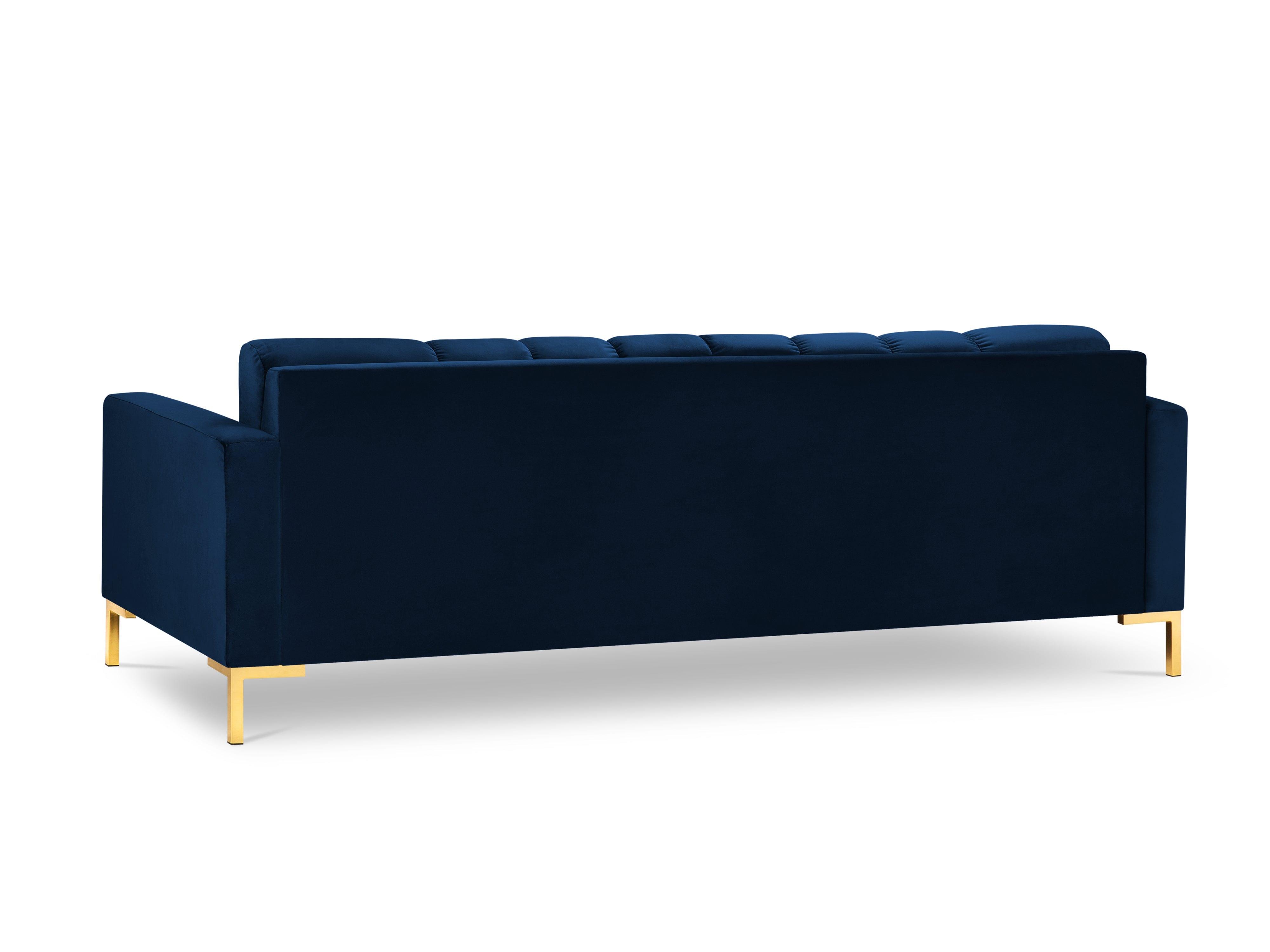 niebieska sofa ze złotą podstawą 