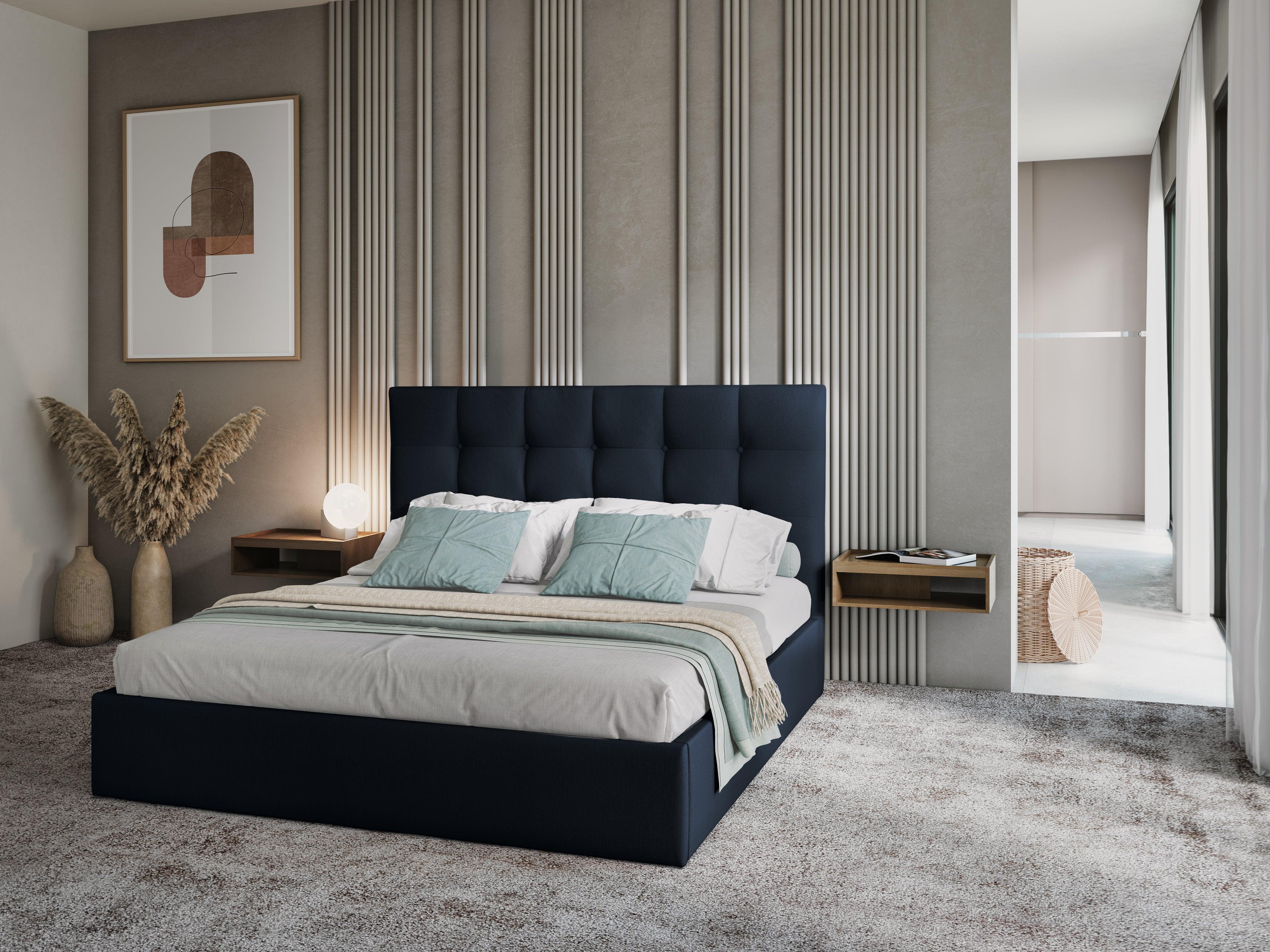 Łóżko tapicerowane z pojemnikiem na pościel PHAEDRA ciemnoniebieski, Micadoni, Eye on Design