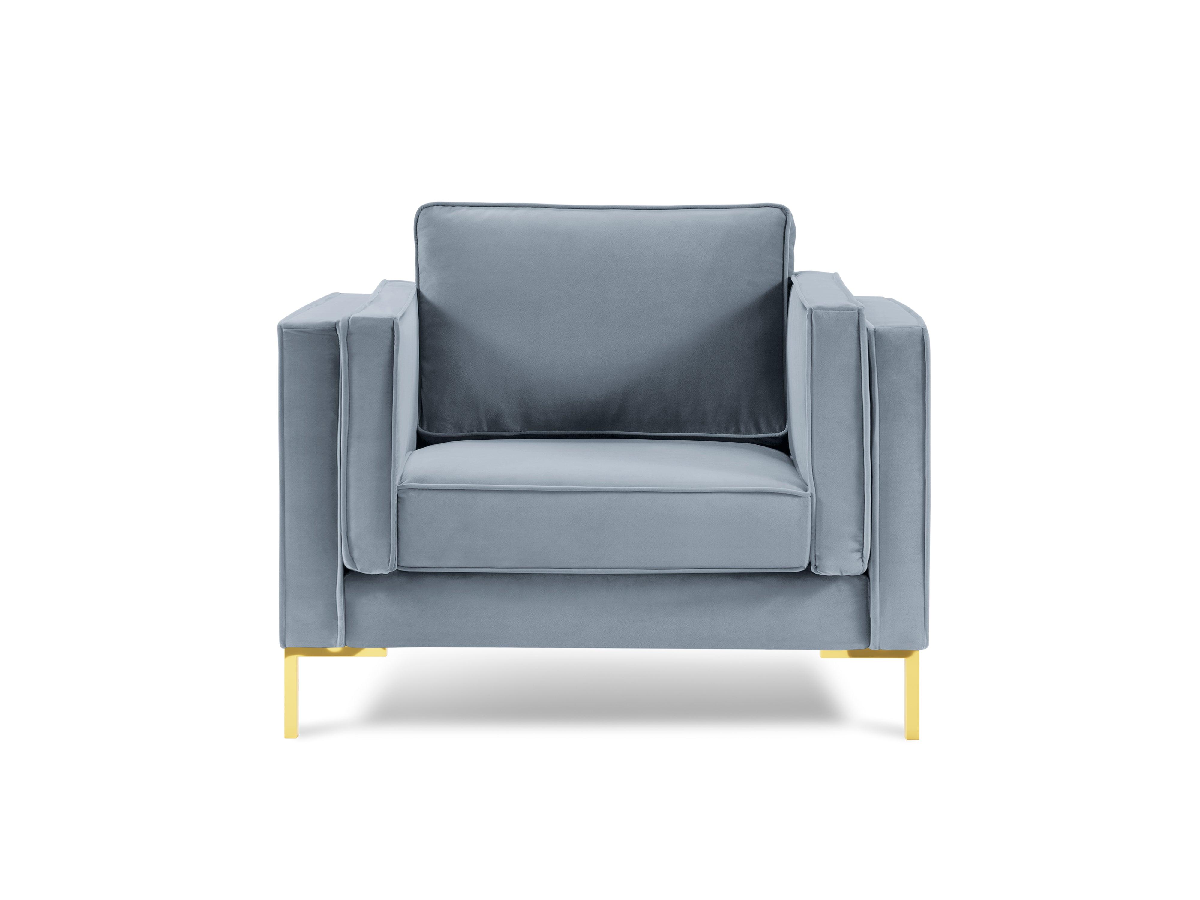 Fotel aksamitny LUIS jasnoniebieski ze złotą podstawą Milo Casa    Eye on Design