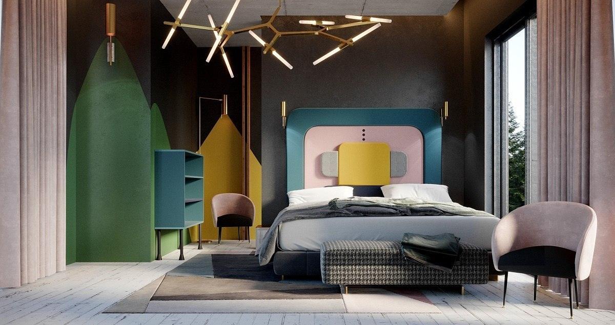 Łóżko tapicerowane PLUM 2 niebieski z różowym Happy Barok    Eye on Design