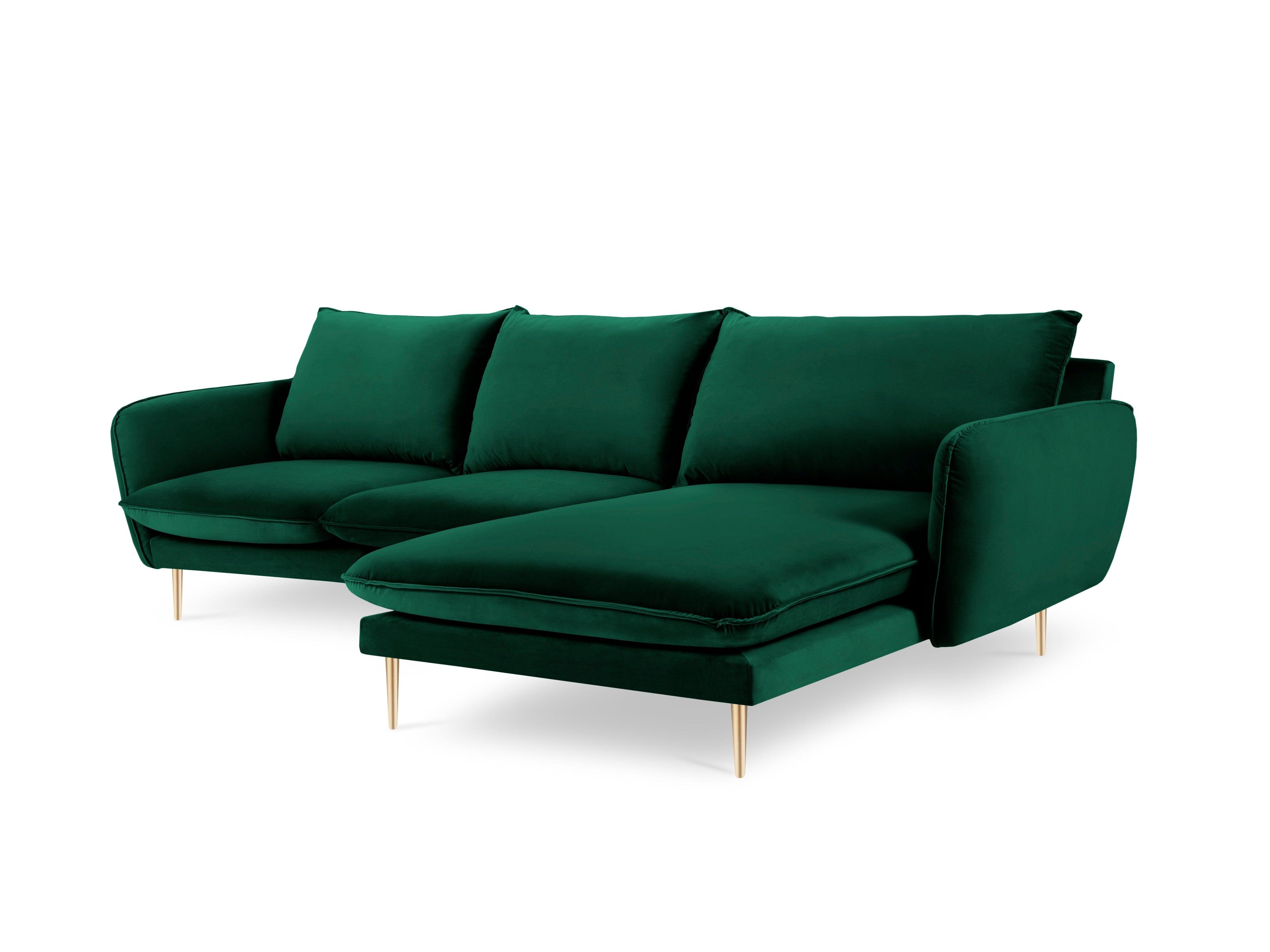 Narożnik aksamitny prawostronny VIENNA zielony ze złotą podstawą Cosmopolitan Design    Eye on Design