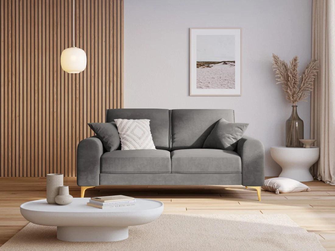 Sofa aksamitna 2-osobowa MADARA szary ze złotą podstawą Mazzini Sofas    Eye on Design