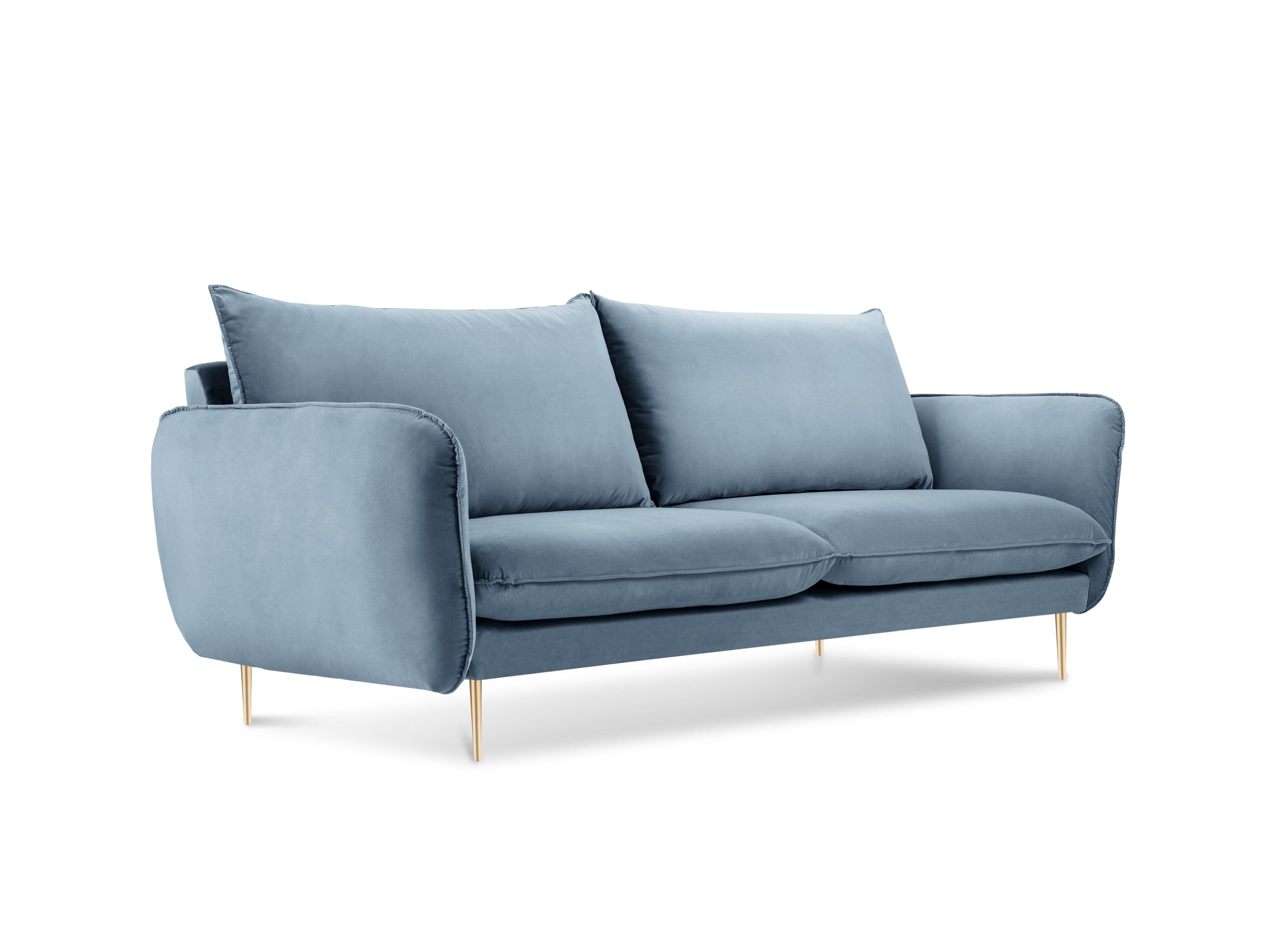 Sofa aksamitna 2-osobowa VIENNA jasnoniebieski ze złotą podstawą Cosmopolitan Design    Eye on Design