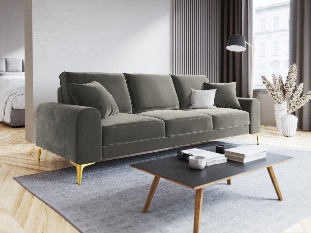 Sofa aksamitna 3-osobowa MADARA szary ze złotą podstawą Mazzini Sofas    Eye on Design