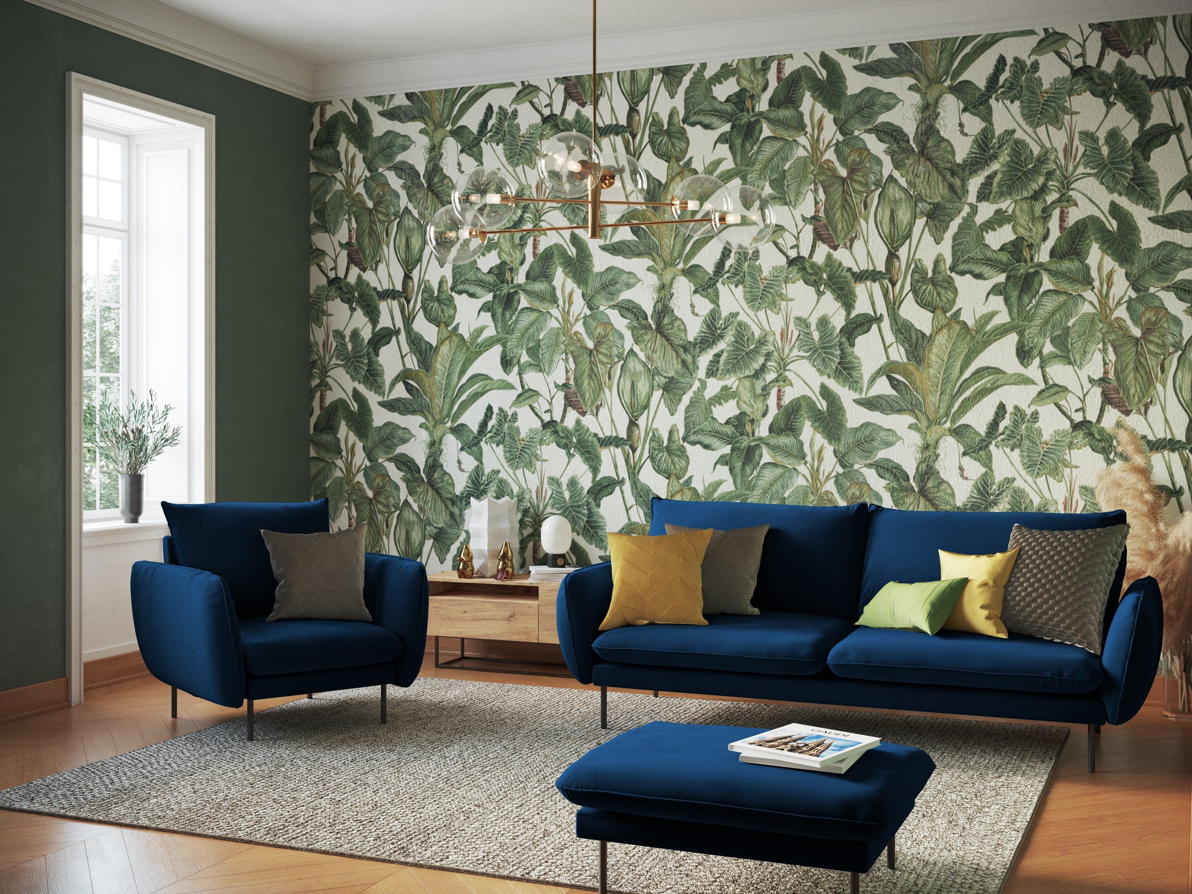Sofa aksamitna 3-osobowa VIENNA niebieski z czarną podstawą Cosmopolitan Design    Eye on Design