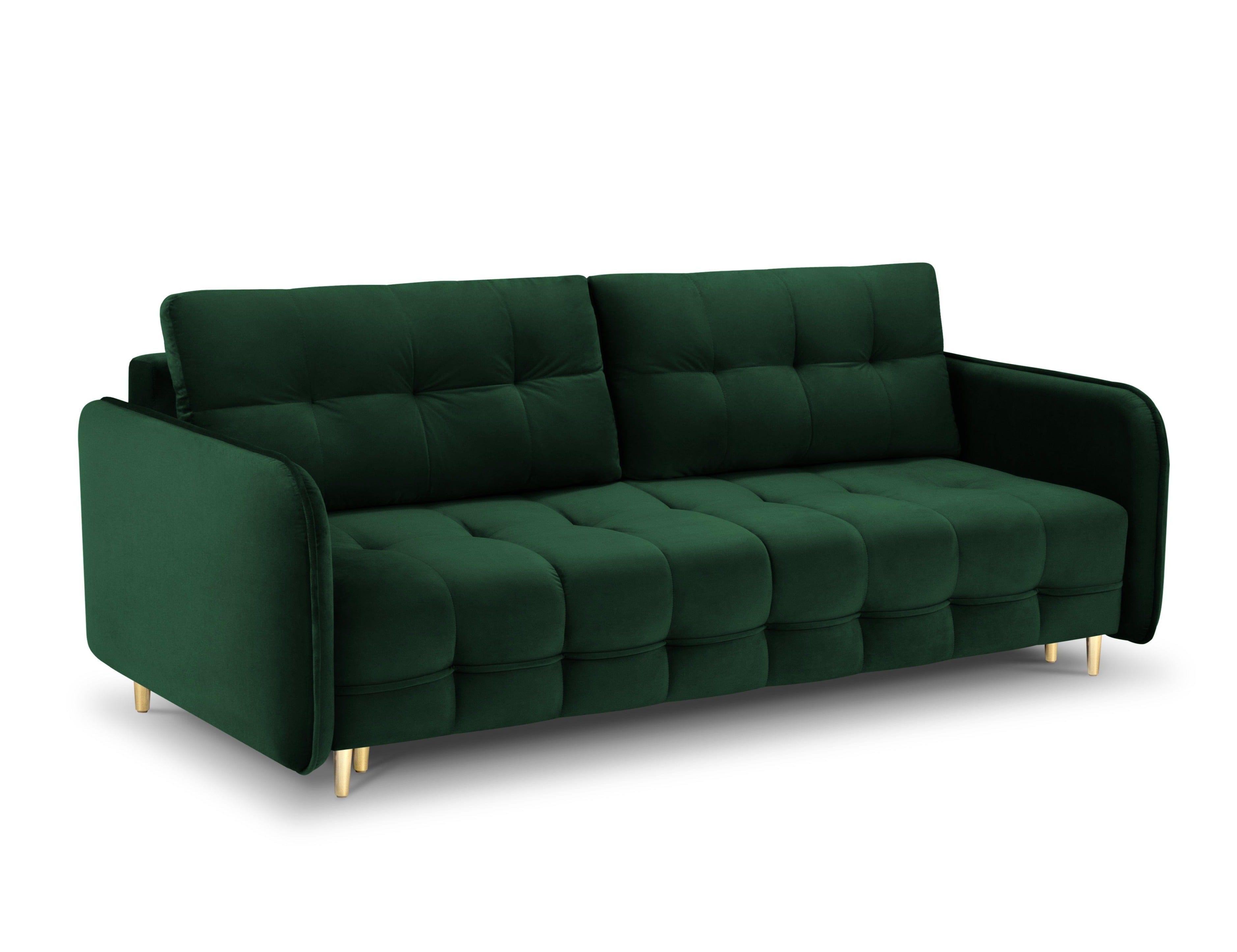 Sofa aksamitna z funkcją spania NAPOLI butelkowa zieleń ze złotą podstawą Cosmopolitan Design    Eye on Design