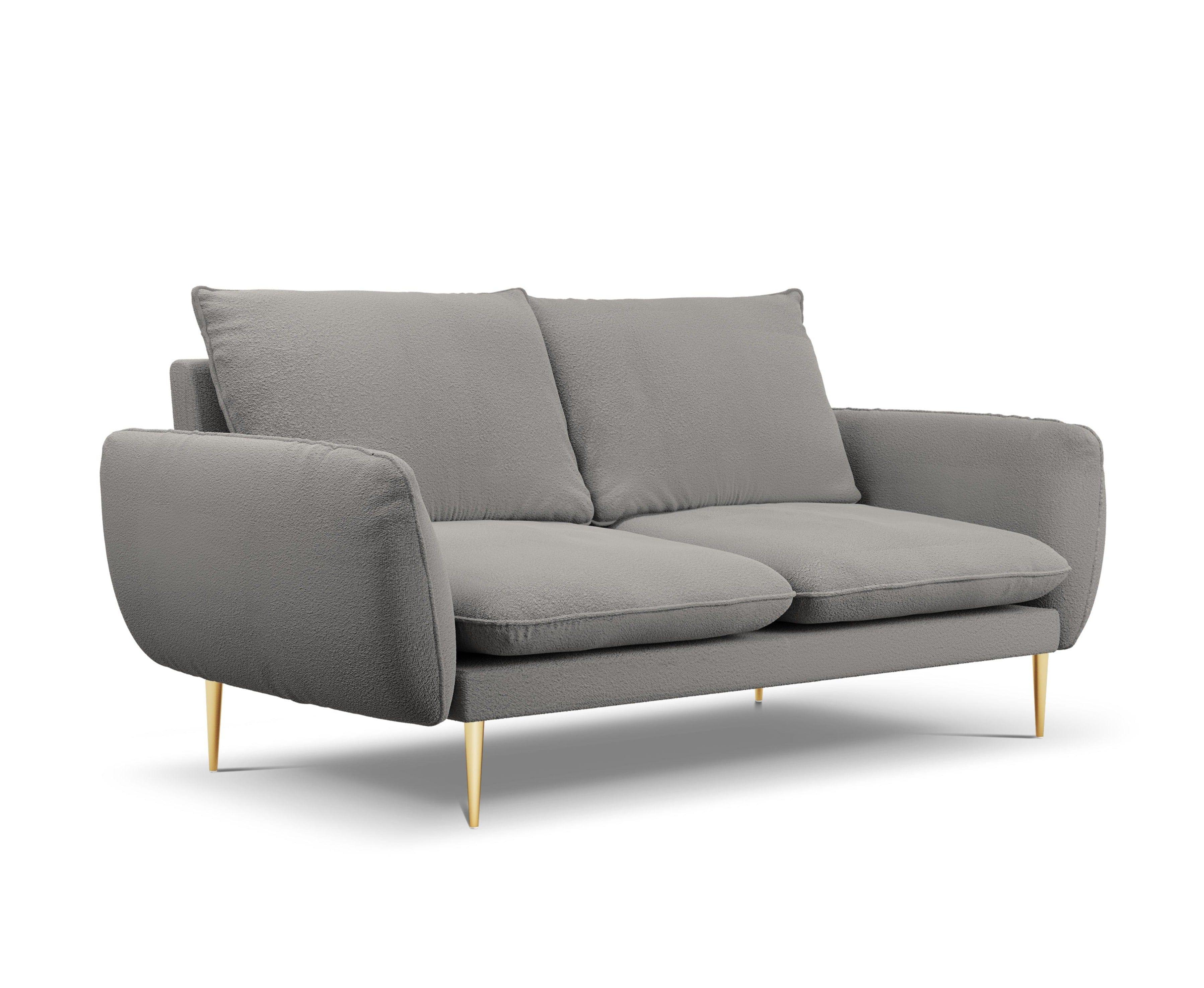 Sofa w tkaninie boucle 2-osobowa VIENNA szary ze złotą podstawą Cosmopolitan Design    Eye on Design